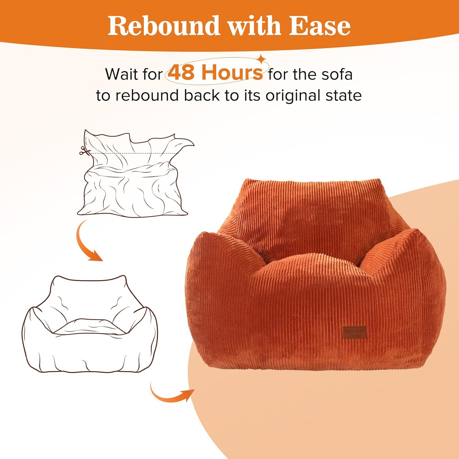Big Bean Bag Chair for Adults, Ultra Soft Living Room Bean Bag with Armrests, Stuffed BeanBag Chair for Napping, Gaming, Vacuum-Compressed for Easy Gifting, 48 Hours to Fluffs Up, Orange