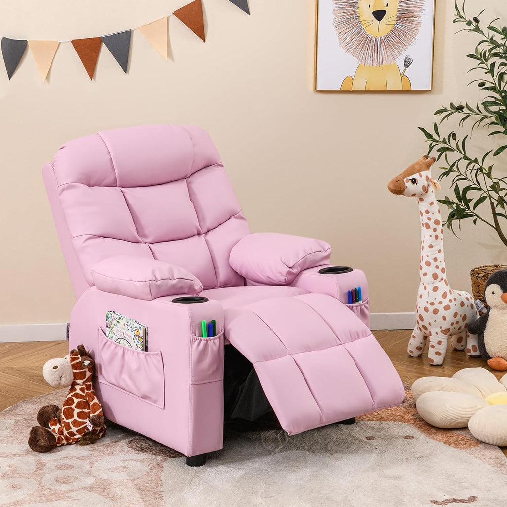 MAT EXPERT Kids Recliner, Leather Adjustable Reading Gaming Chair w/ 2 Cup Holder, 3 Side Pocket Storage & Footrest, Kids Couch,Toddler Recliner Sofa for Boys Girls, Kids Room Playroom Nursery (Pink)