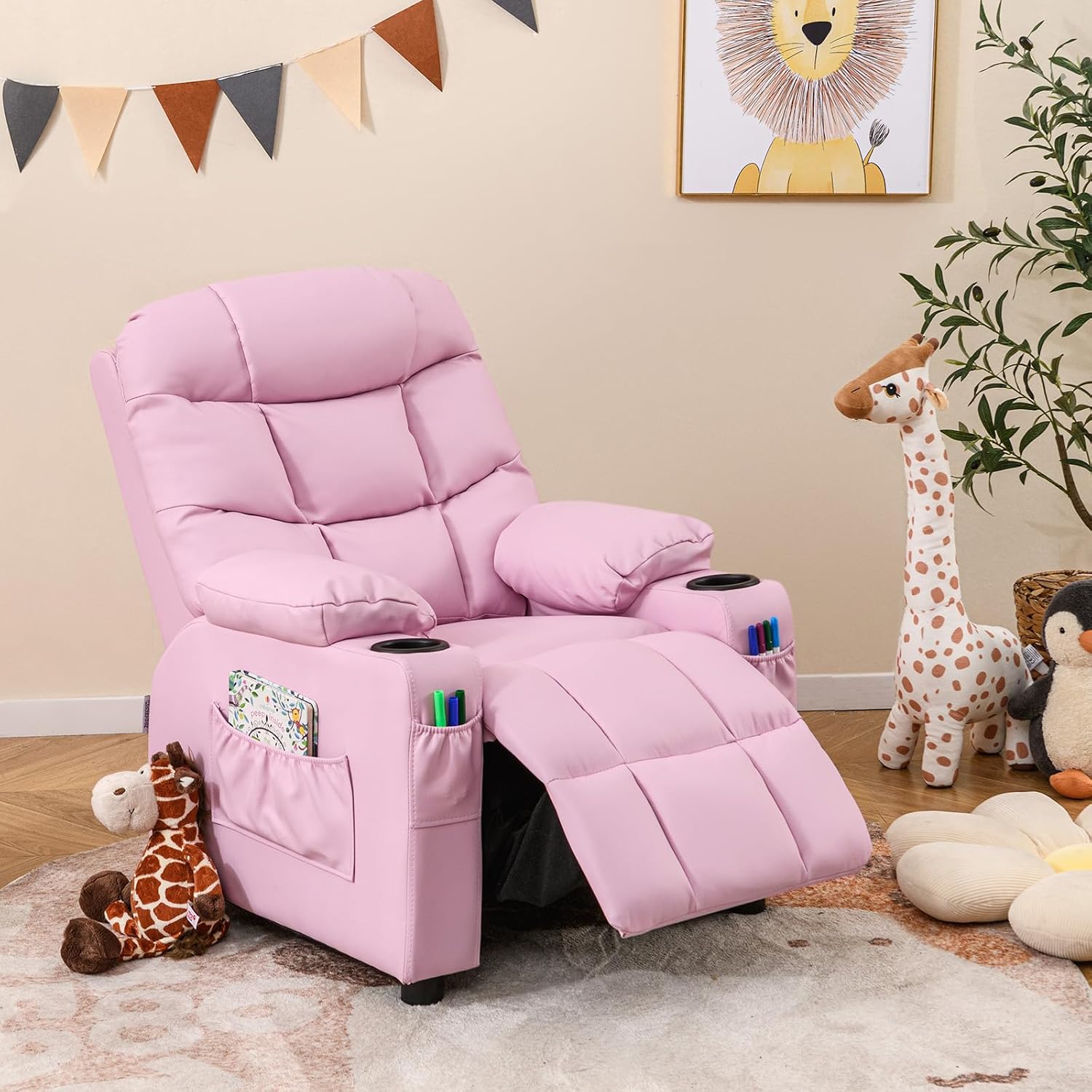 MAT EXPERT Kids Recliner, Leather Adjustable Reading Gaming Chair w/ 2 Cup Holder, 3 Side Pocket Storage & Footrest, Kids Couch,Toddler Recliner Sofa for Boys Girls, Kids Room Playroom Nursery (Pink)