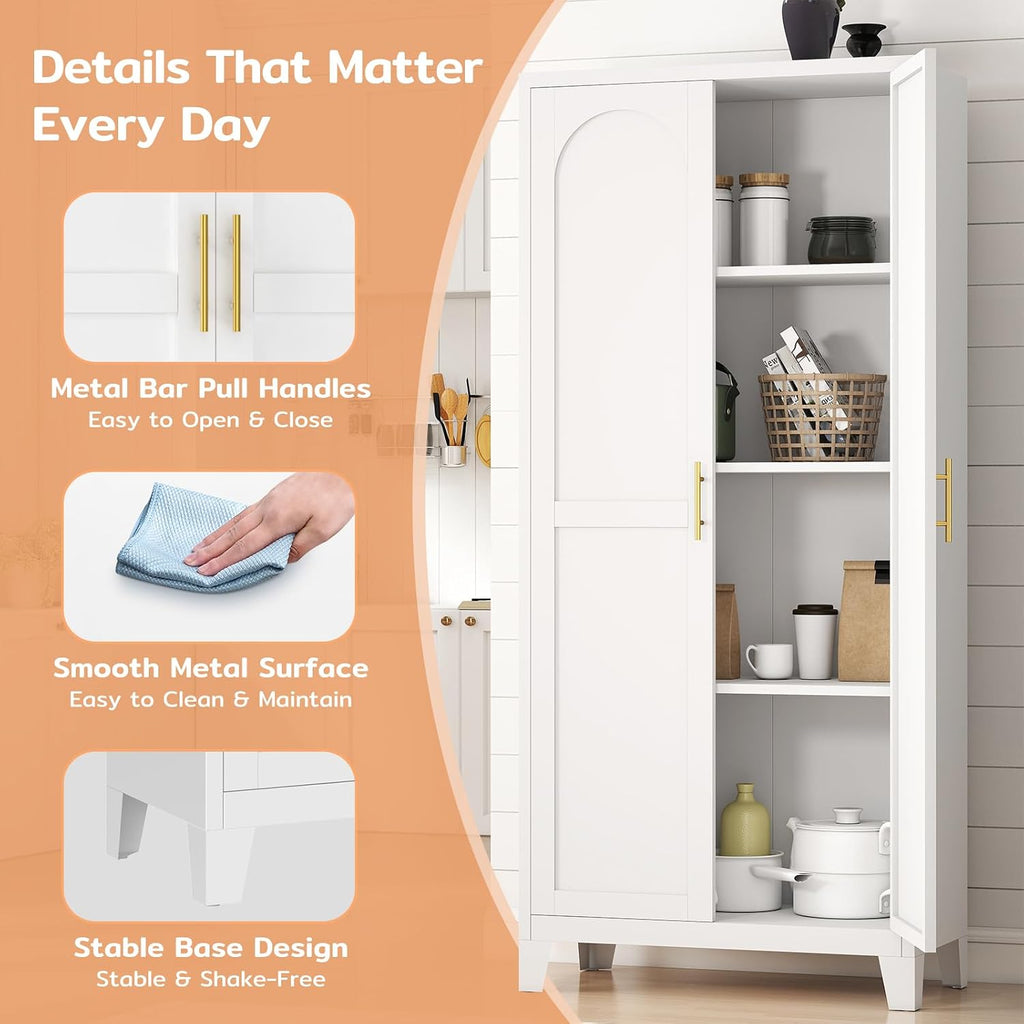 Zevemomo 61' H Metal Kitchen Pantry Cabinet, Freestanding Cupboard with 2 Doors and 3 Adjustable Shelves, Tall Metal Storage Cabinet for Kitchen, Bathroom, Dinning Room or Laundry Room （White）