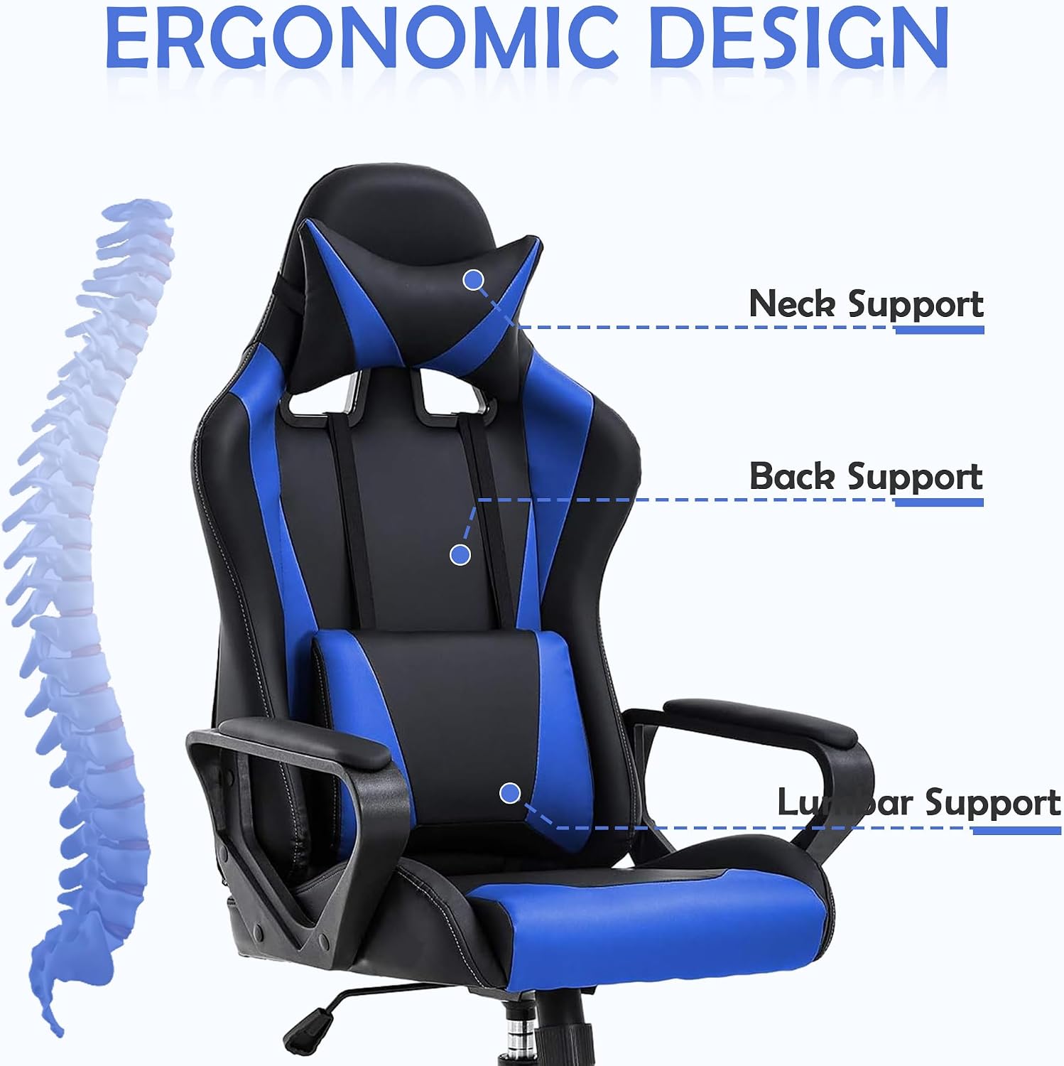 Video Game Chair Gaming Chair Computer High Back Office Desk Chair with Lumbar Support Adjustable Swivel Reclining Rolling PU Leather Game Chairs (Blue)