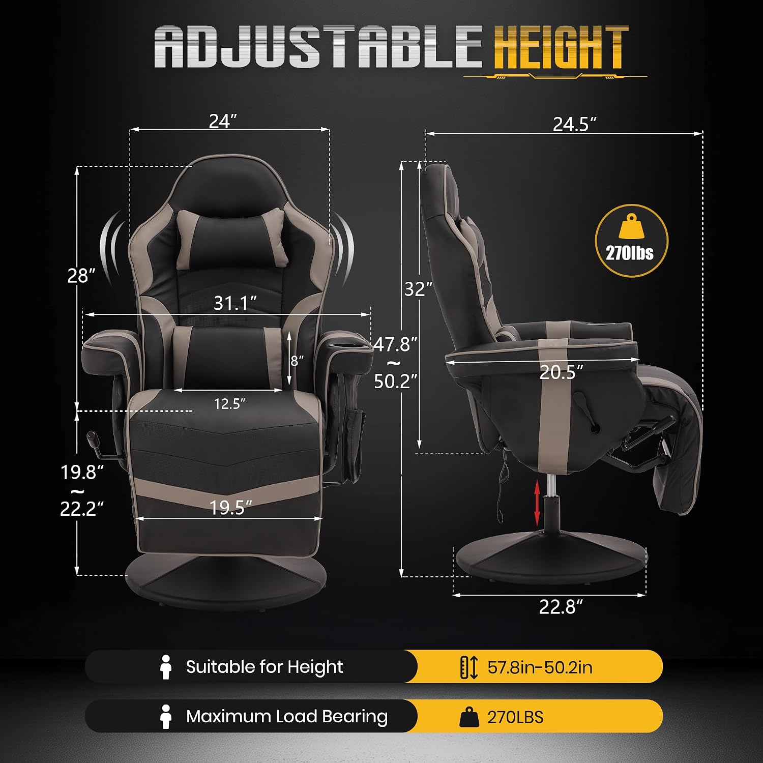 Massage Gaming Recliner Chair with Cup Holder & Side Pockets – Ergonomic PU Leather Video Gaming Chair with Footrest, Manual Recline, Headrest & Lumbar Support for Office or Game Room (Grey)
