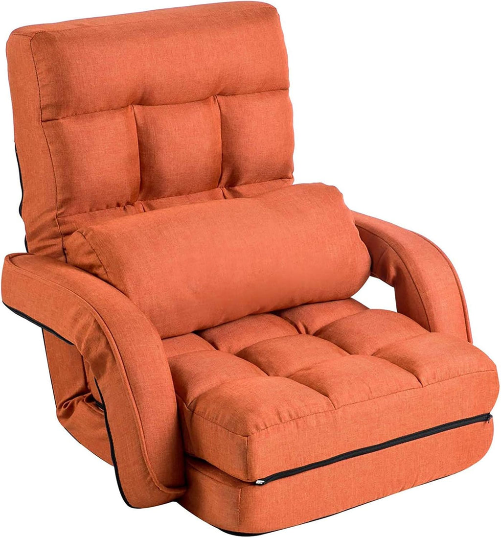 Floor Chair, Chaise Lounge Indoor, 14-Position Adjustable Folding Lazy Sofa with a Pillow Padded Adults Gaming Chairs for Living Room, Bedroom Factory Price (Orange) 8803OR