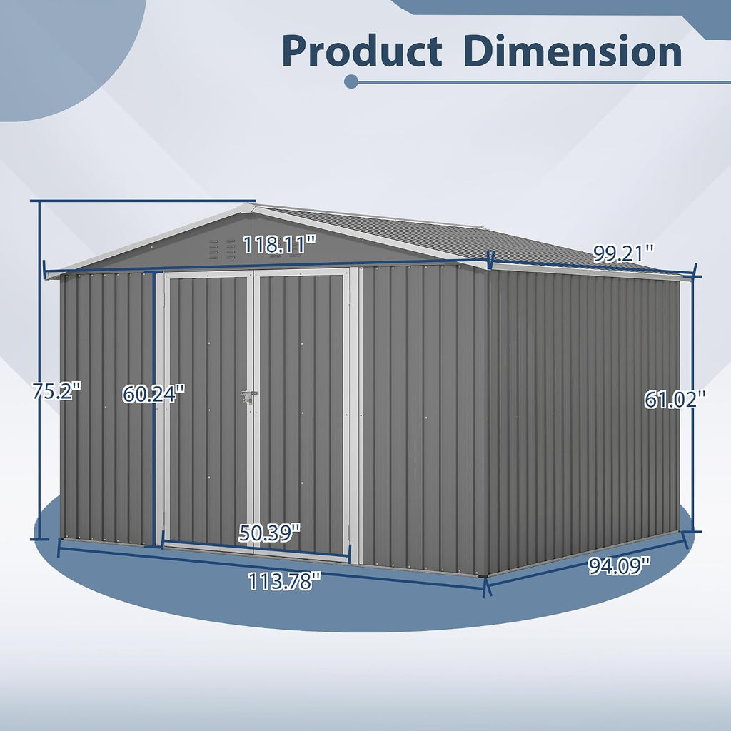 10x8 ft Outdoor Storage shed All Weather Metal Garden shed with Lockable Double Doors Tool Storage for Backyard Patio Lawn and Garden Organization Large Capacity (10x8 ft Grey)