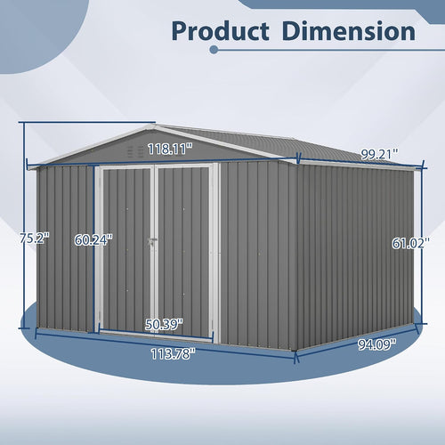10x8 ft Outdoor Storage shed All Weather Metal Garden shed with Lockable Double Doors Tool Storage for Backyard Patio Lawn and Garden Organization Large Capacity (10x8 ft Grey)
