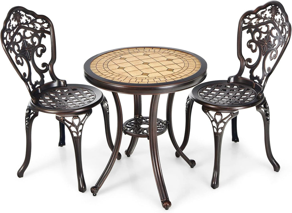 HAPPYGRILL 3-Piece Patio Bistro Set, All-Weather Cast Aluminum Table and Chairs, Outdoor Patio Table and Chairs Furniture for Porch Garden Poolside Backyard