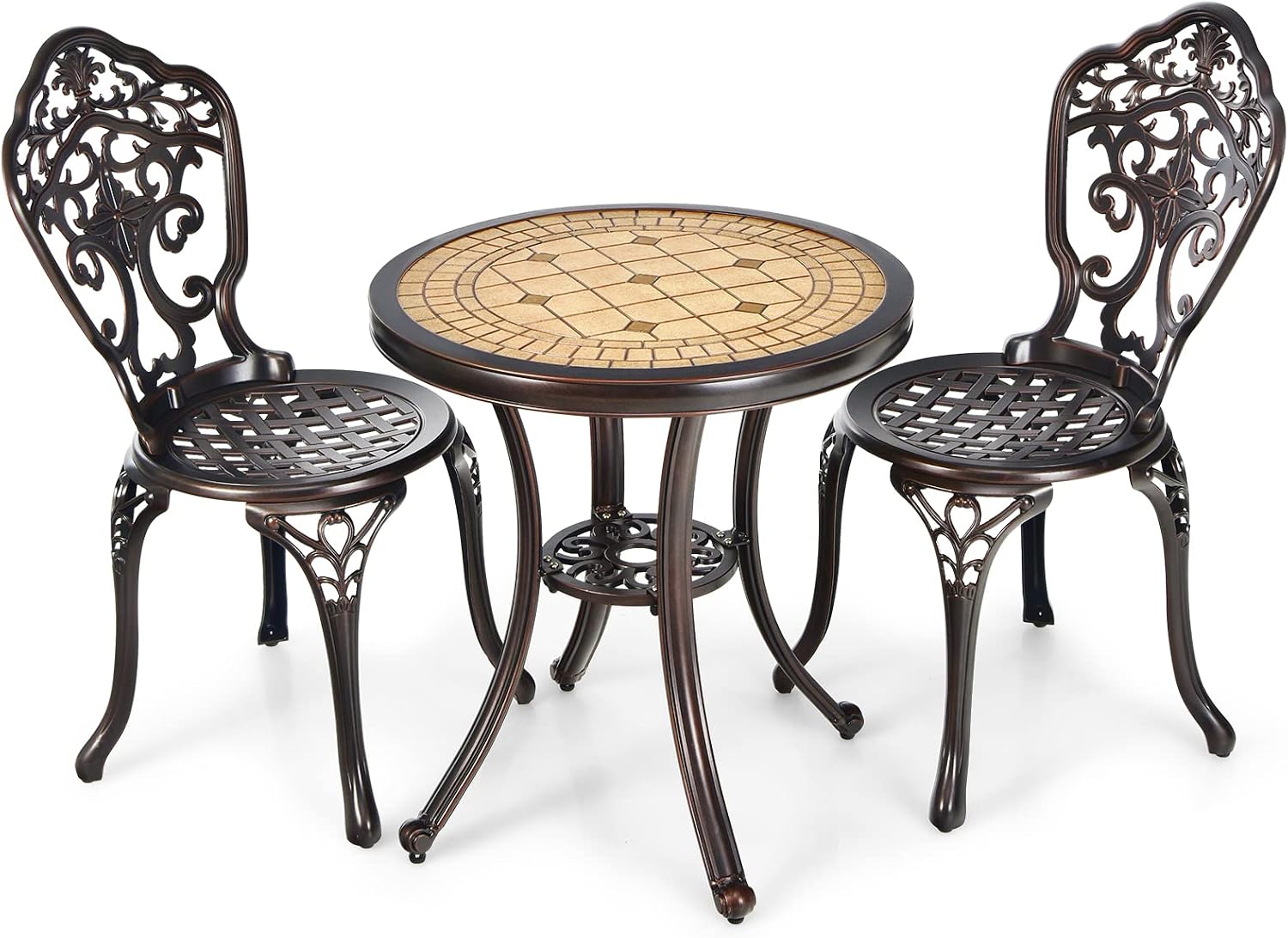 HAPPYGRILL 3-Piece Patio Bistro Set, All-Weather Cast Aluminum Table and Chairs, Outdoor Patio Table and Chairs Furniture for Porch Garden Poolside Backyard