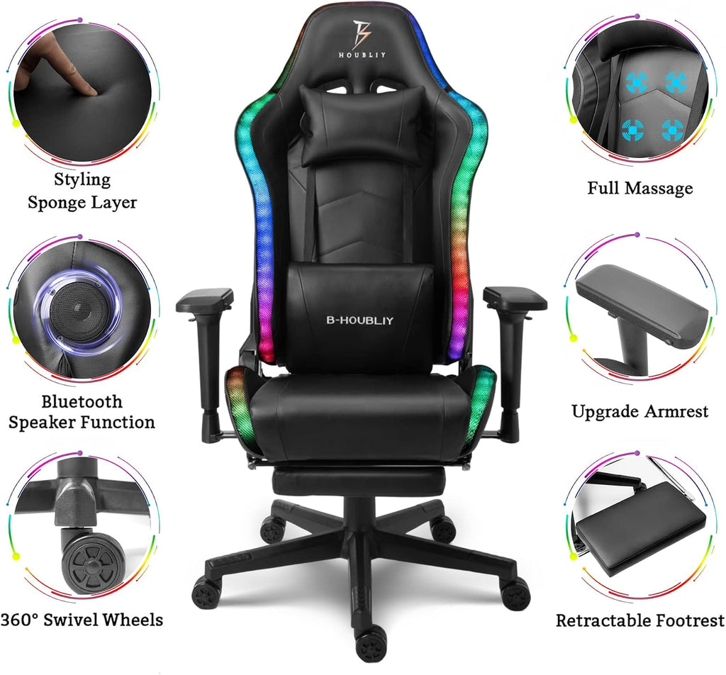 High Back Big and Tall Office Desk Chairs with 7-Point Massage, Ergonomic Gaming Chair with Speakers and RGB Lights, PU Leather Computer Chair Recliner Chair Music Video Game Chair,Black