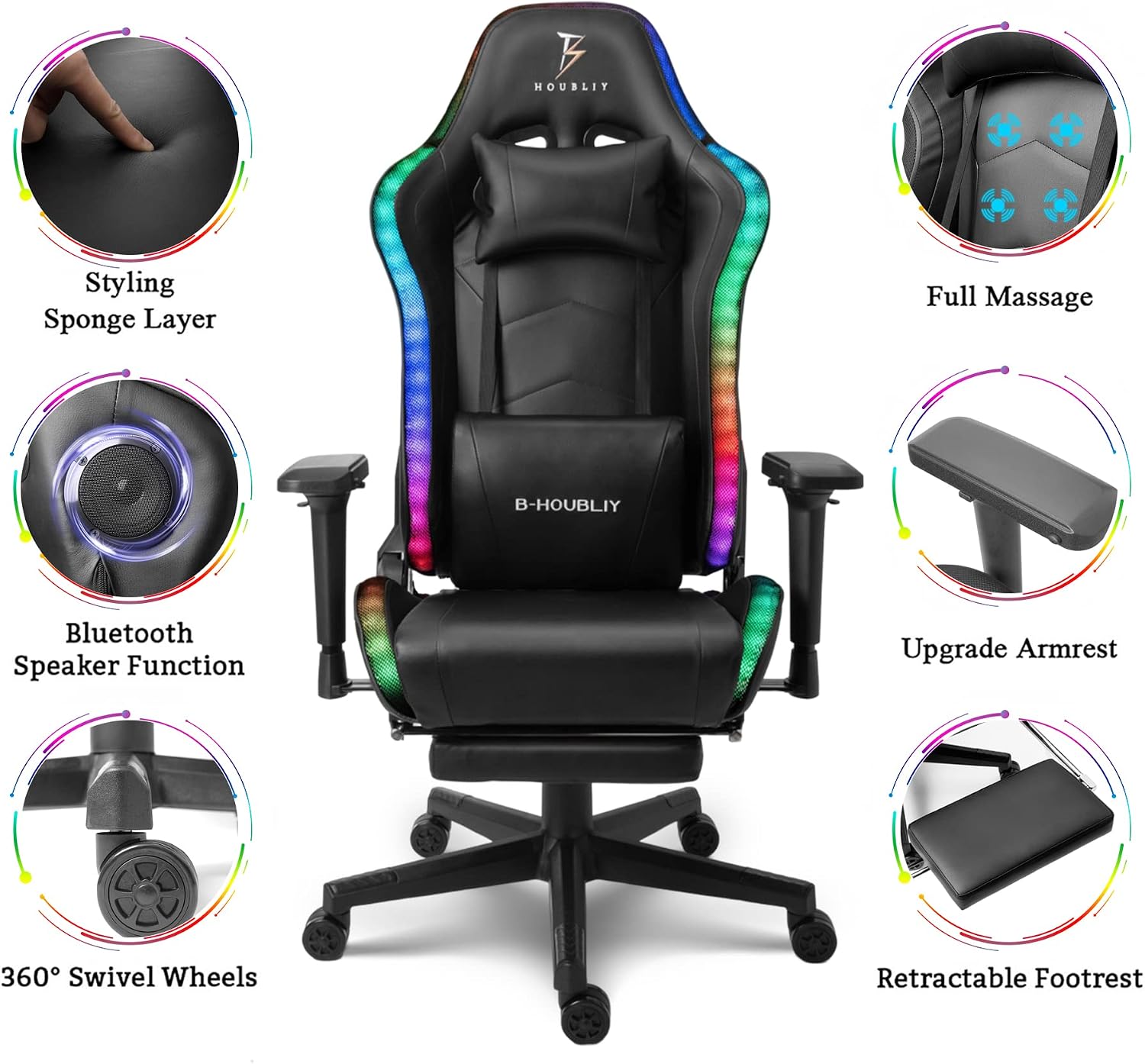 High Back Big and Tall Office Desk Chairs with 7-Point Massage, Ergonomic Gaming Chair with Speakers and RGB Lights, PU Leather Computer Chair Recliner Chair Music Video Game Chair,Black