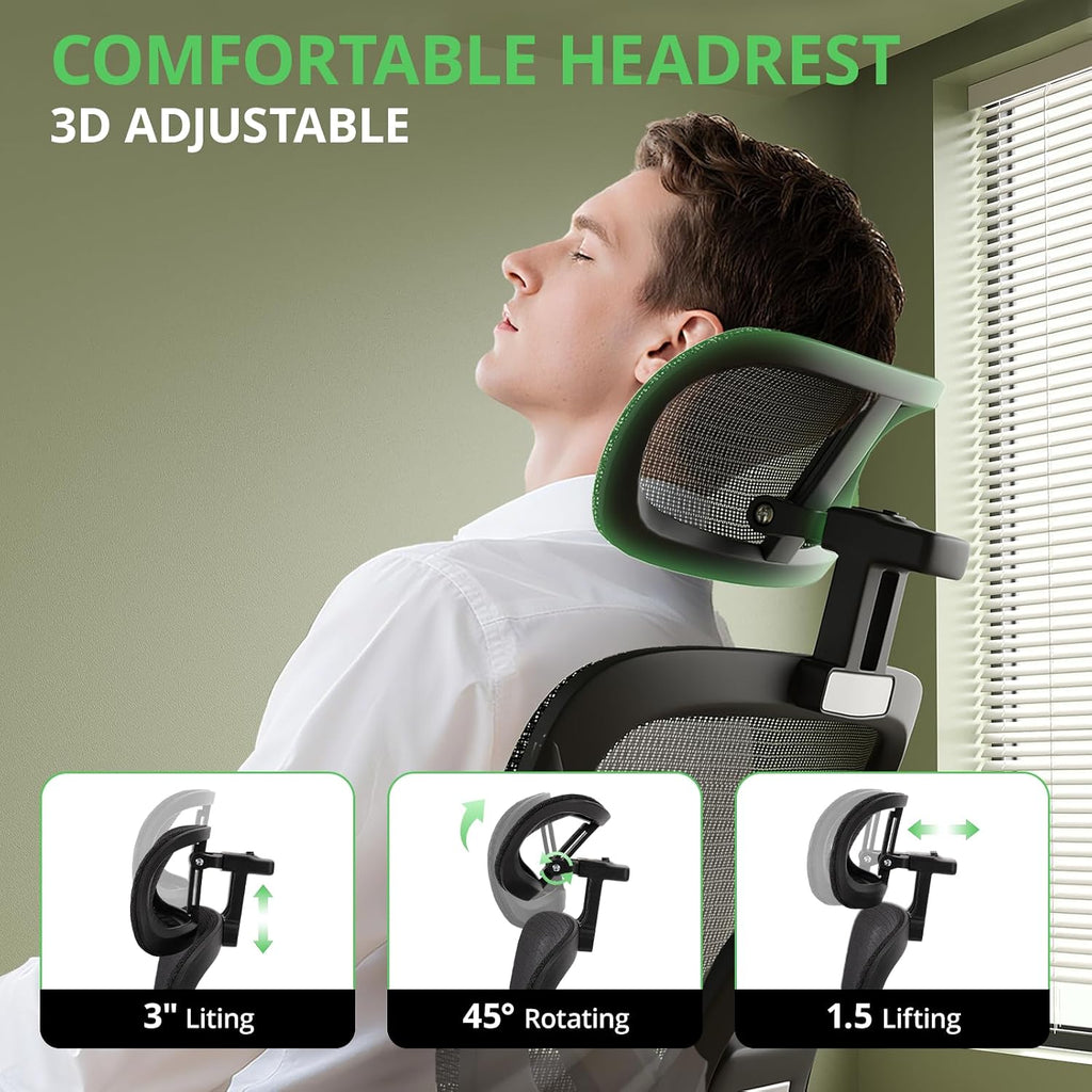 Synorla Ergonomic Office Chair with Footrest, Mesh Desk Chair with 135° Recline, Adjustable Lumbar Support, 3D Armrests and Headrest, Swivel Computer Chair for Home Office