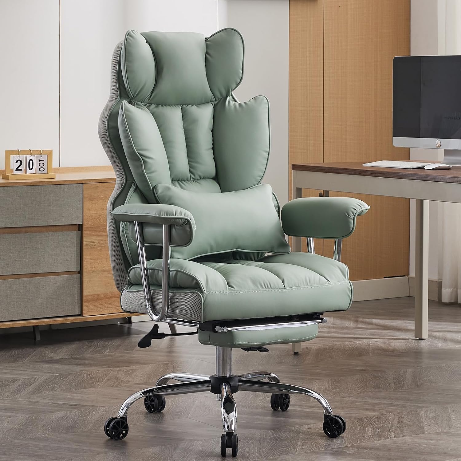 Efomao Executive Office Chair for Heavy People, High Back Computer Chair with Foot Rest, Height Adjustable PU Leather Office Chair,Big and Tall Office Chair (Green)
