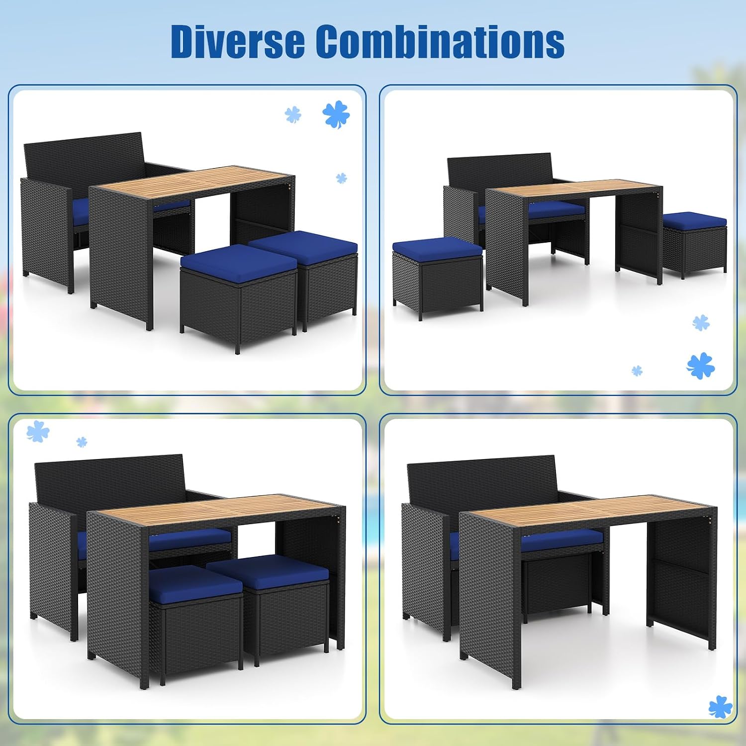 Tangkula 4 Pieces Patio Dining Set, Space Saving PE Rattan Loveseat with Acacia Wood Top Dining Table, Storage Ottomans & Soft Cushions, Outdoor Sectional Conversation Set (Navy Blue)