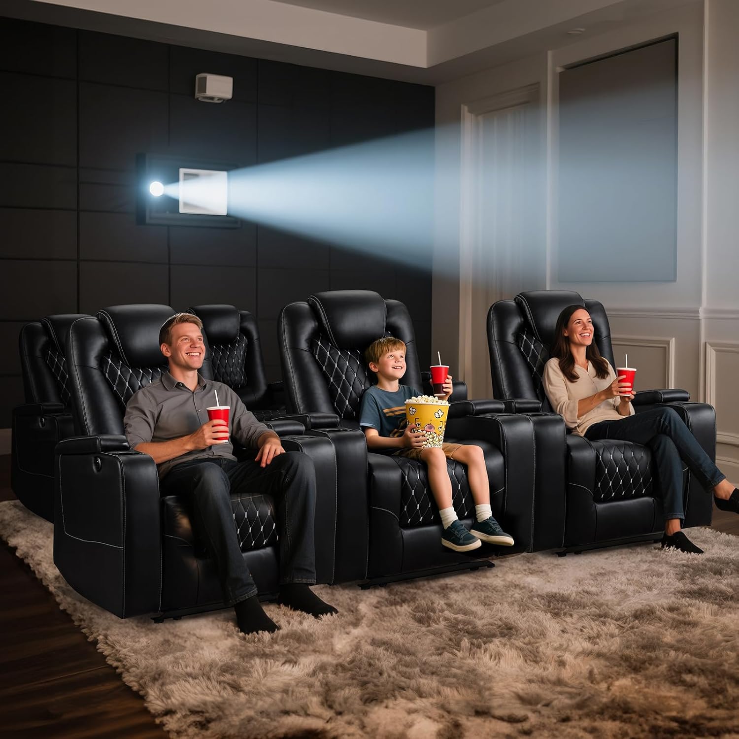 ANJ Power Recliner Chair with USB Ports and Cup Holders - Overstuffed Electric Home Theater Seating PU Leather Reclining Furniture with Hidden Arm Storage, Easy to Clean (Black)