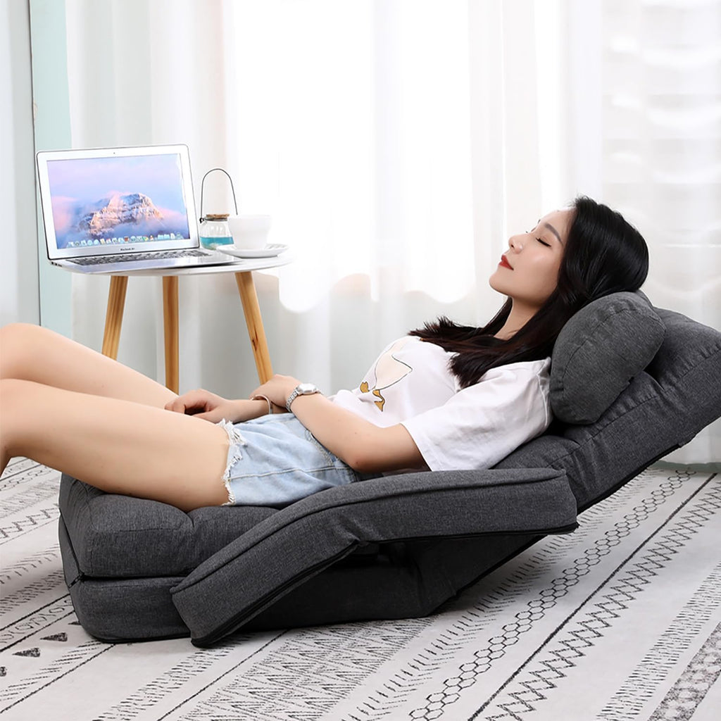 14-Position Adjustable Floor Chair, Chaise Lounge Indoor, Folding Lazy Sofa with Armrests and a Pillow Padded Adults Gaming Chairs for Living Room, Bedroom Factory Price,8803 (Grey)