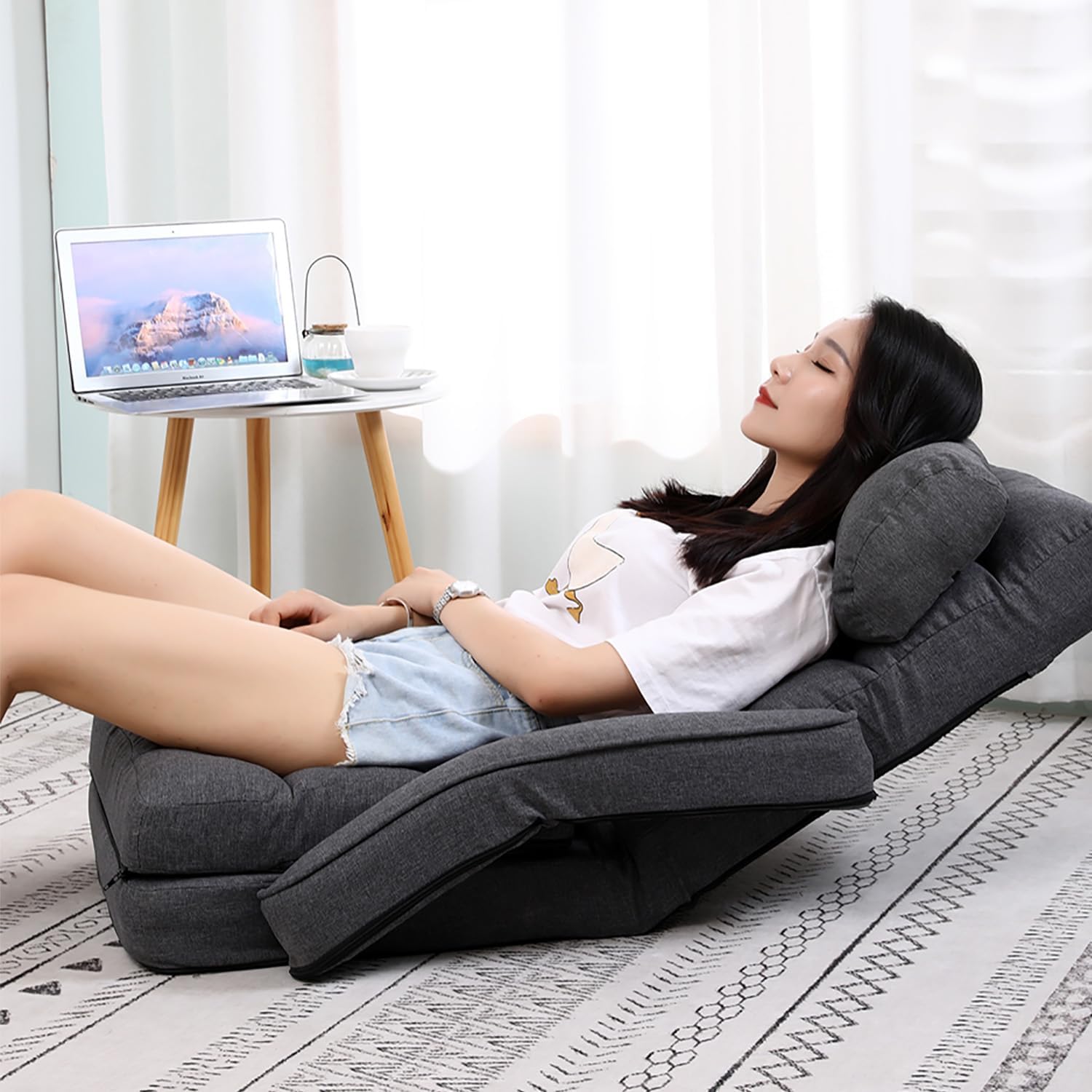 14-Position Adjustable Floor Chair, Chaise Lounge Indoor, Folding Lazy Sofa with Armrests and a Pillow Padded Adults Gaming Chairs for Living Room, Bedroom Factory Price,8803 (Grey)