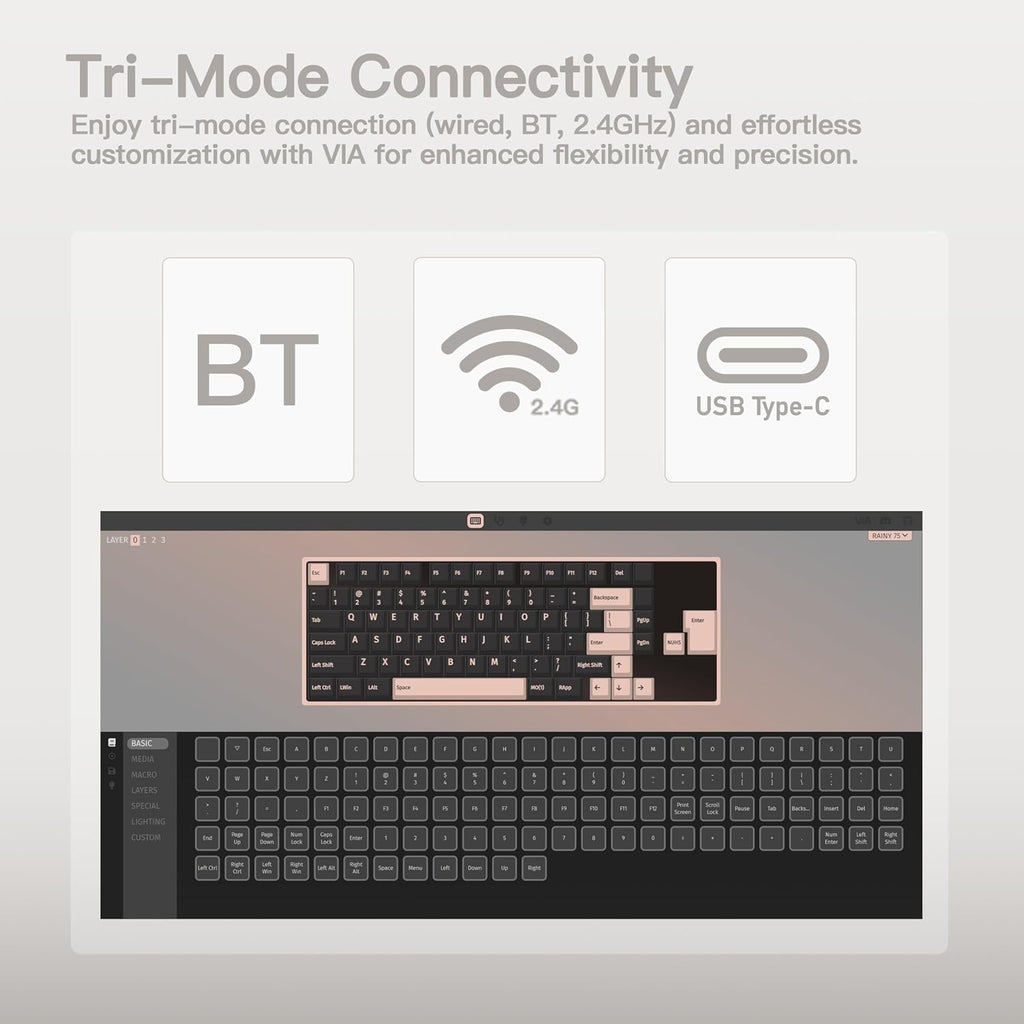 KEEBMONKEY WOBKEY Rainy 75 CNC Aluminum HMX/JWK/Cocoa Switches Triple-Mode Connectivity Mechanical Keyboard with Superior Acoustics, RGB/FR4/Silver SUS304/7000mAh/Cocoa Switch (Pro - Luna)