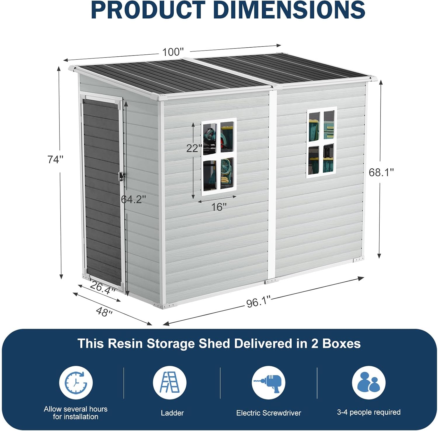 CDCASA 4x8 FT Resin Lean to Shed, Waterproof Outdoor Storage Shed with Floor, Plastic Tool Shed for Outside, Backyard, Patio, Poolside, Bike, Grey