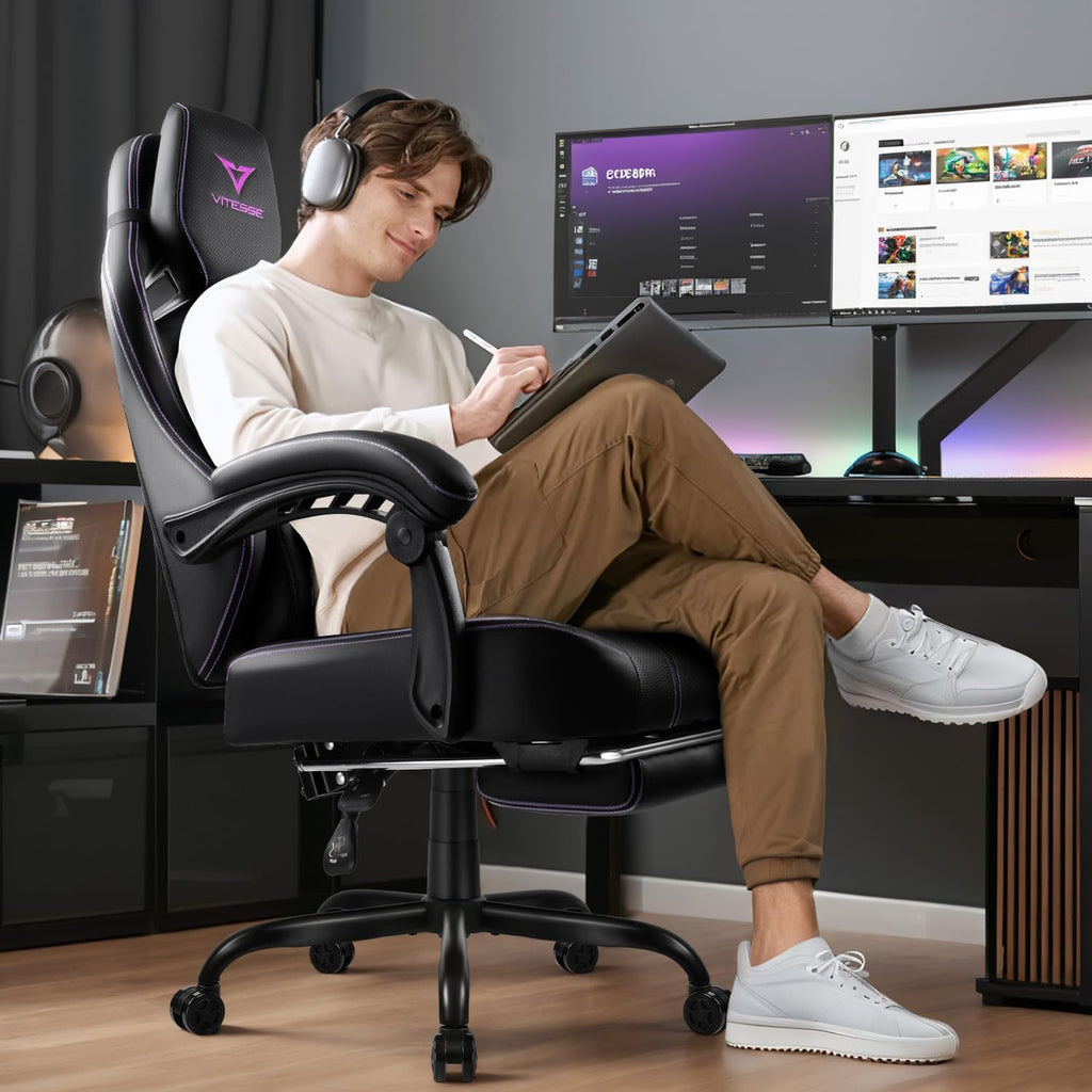 VITESSE Big and Tall Gaming Chair with Footrest,Ergonomic Video Gaming Chair with Oversized Headrest and Lumbar Support for Adults 400lb Weight Capacity,Computer Chair for Office or Gaming (Purple)