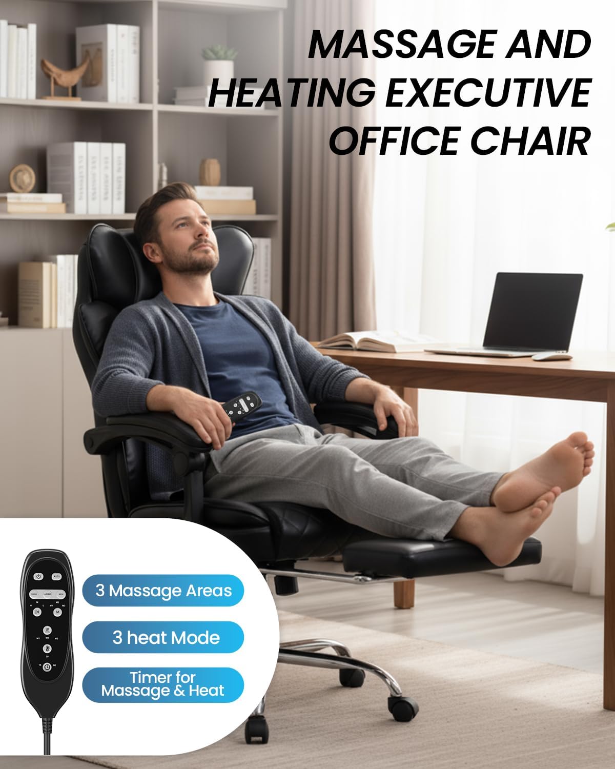 500LBS Massage Office Chair with Foot Rest, 6 Points Vibration and Heat Home Office Desk Chairs, 22.05' Wide Big and Tall Office Chair for Heavy People, Ergonomic Reclining Gaming Chairs, Black