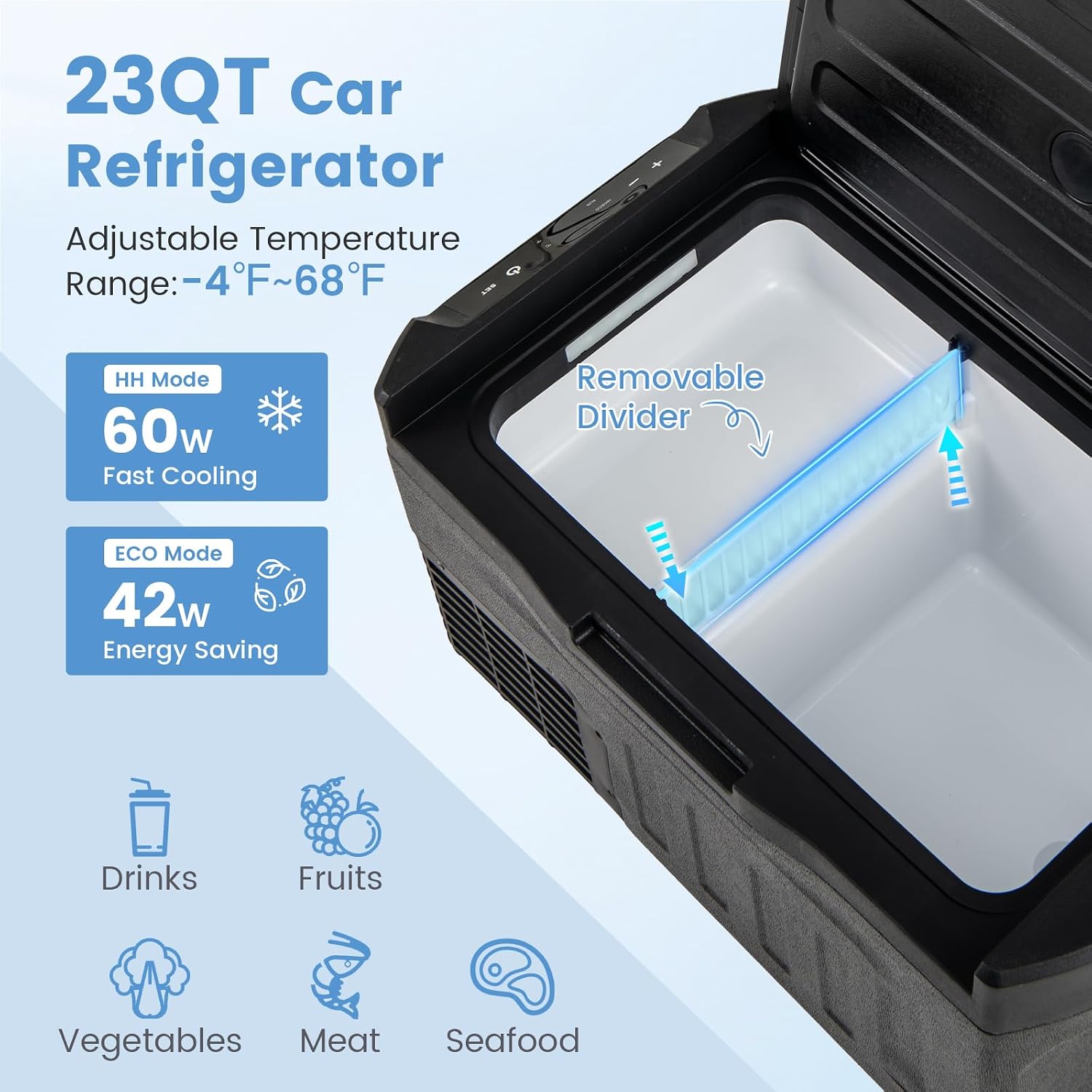 COSTWAY Portable Car Refrigerator, Car Fridge with Adjustable Range -4℉~68℉, 12/24V DC 100-240V AC Electric Cooler Freezer with Divider for Camping, RV, Travel, Fishing, Home, Black (23-quart)
