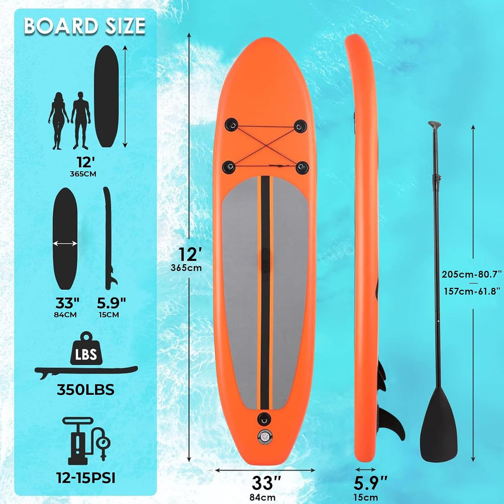 Clevich 12FT Stand Up Paddle Board, Inflatable Paddleboard with SUP Accessories & Carry Bag, Paddle, Hand Pump, Non-Slip Deck, Repair Kit,Leash, 400LBS