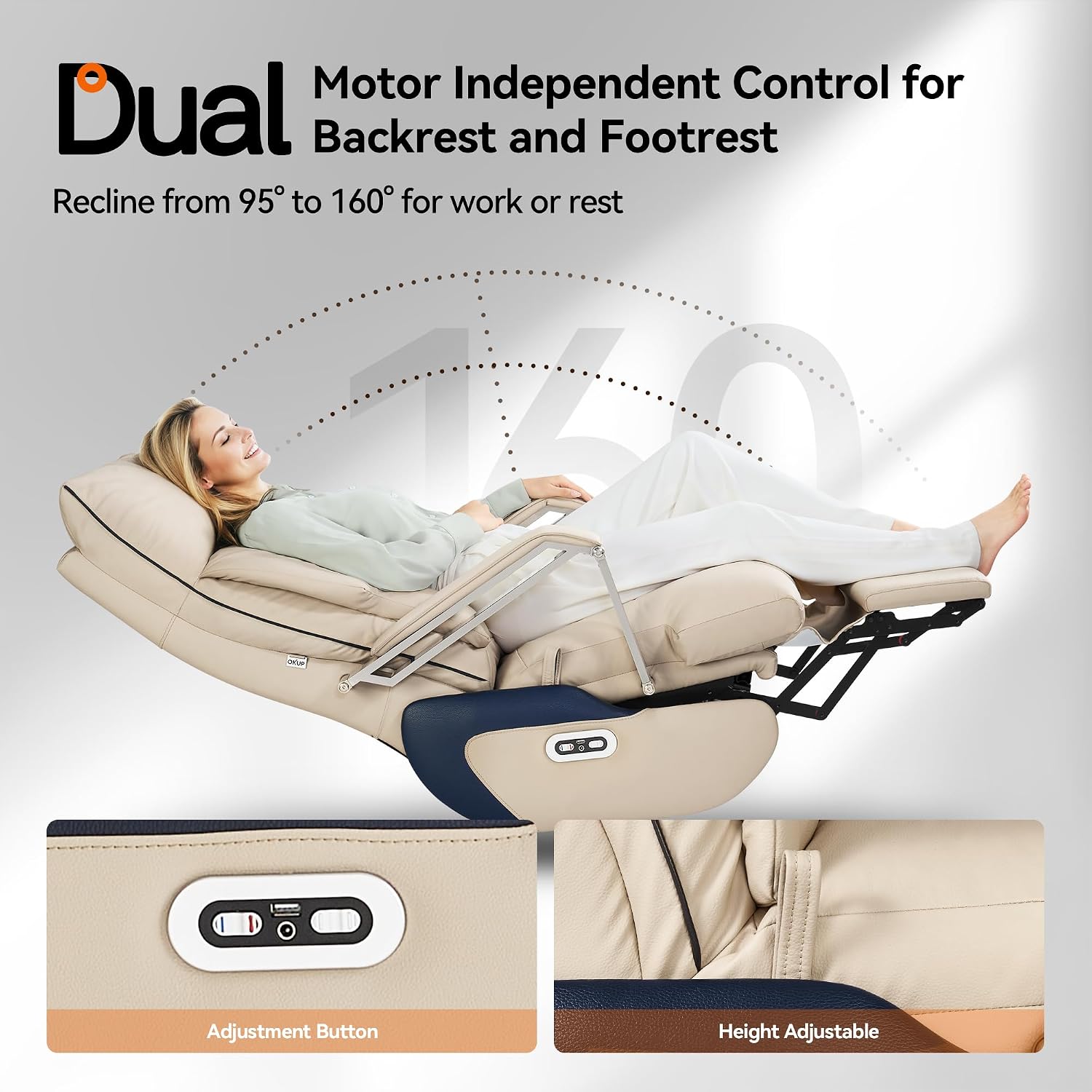 OKUP M80A Dual Motor Electric Executive Office Chair with Footrest, Comfortable Reclining Office Chair Wide Seat, Big and Tall Ergonomic Leather Home Office Desk Chair (Beige,No Massage)