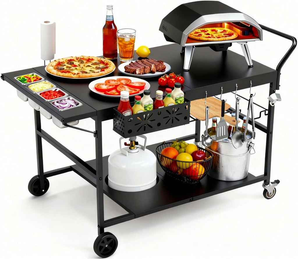 47' Outdoor Pizza Oven Table with Wheels, Pizza Oven Cart for Outside with Propane Tank Holder, Heavy Duty Pizza Oven Stand Prep Table for BBQ Patio Backyard Cooking