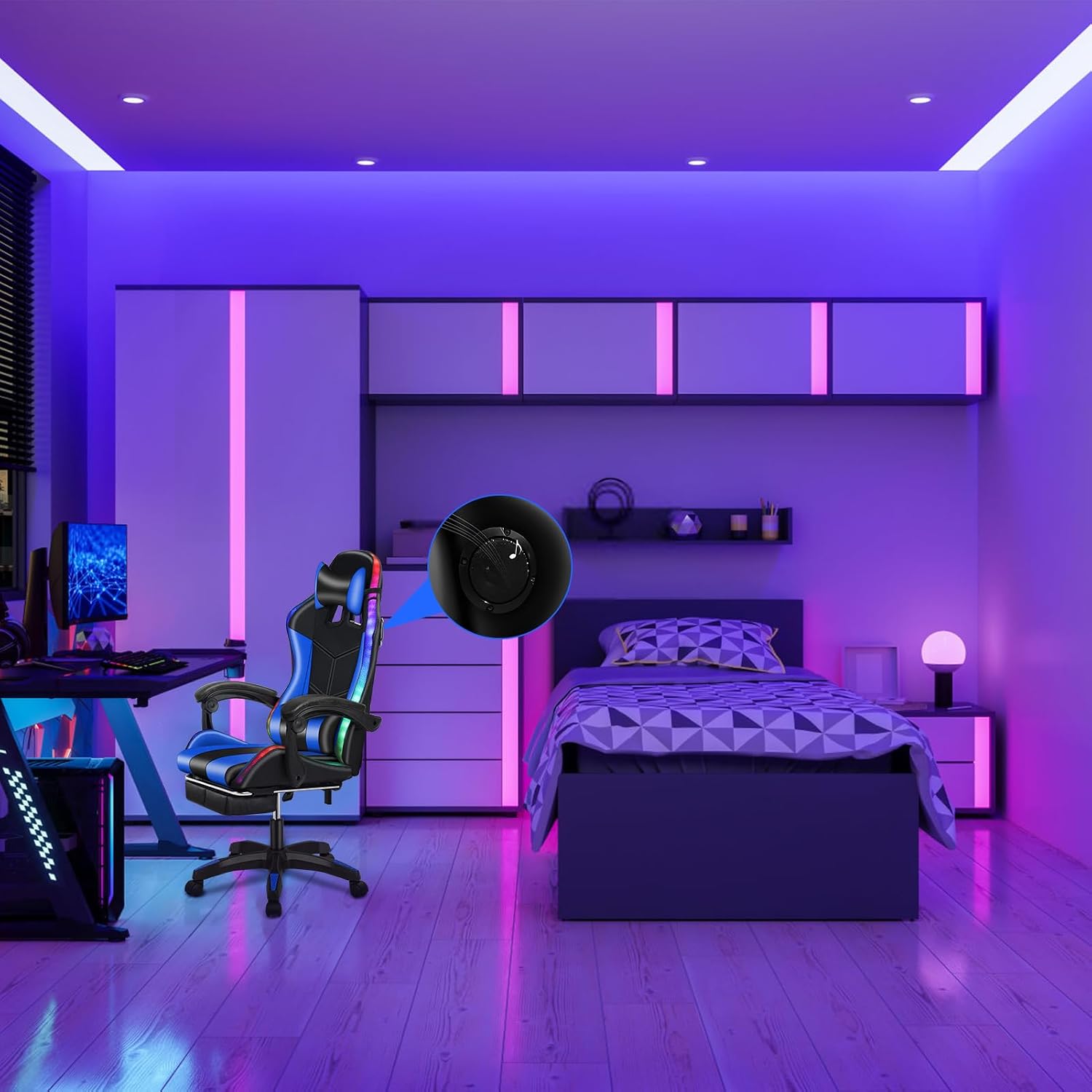 Gaming Chair with Speakers, Gamer Chair with Massage Height Adjustable, Ergonomic Office Computer Gaming Chair with Bluetooth-Compatible and RGB LED Lights for Adults Women Men (Blue)