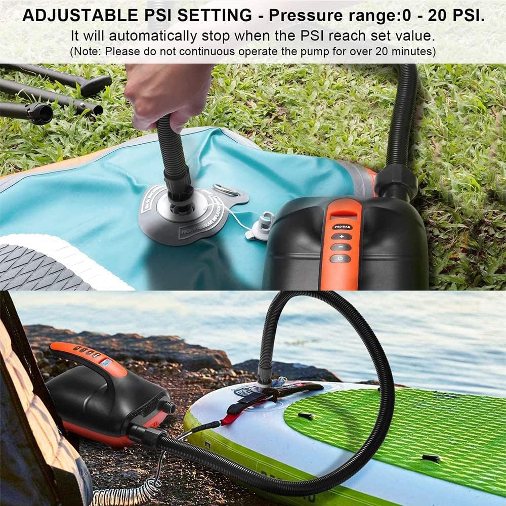 20Psi SUP Electric Air Pump with Inflation & Deflation Ports 12V DC, for Inflatable Stand Up Paddle Boards, Boats, Tents, Air Beds, Kayaks