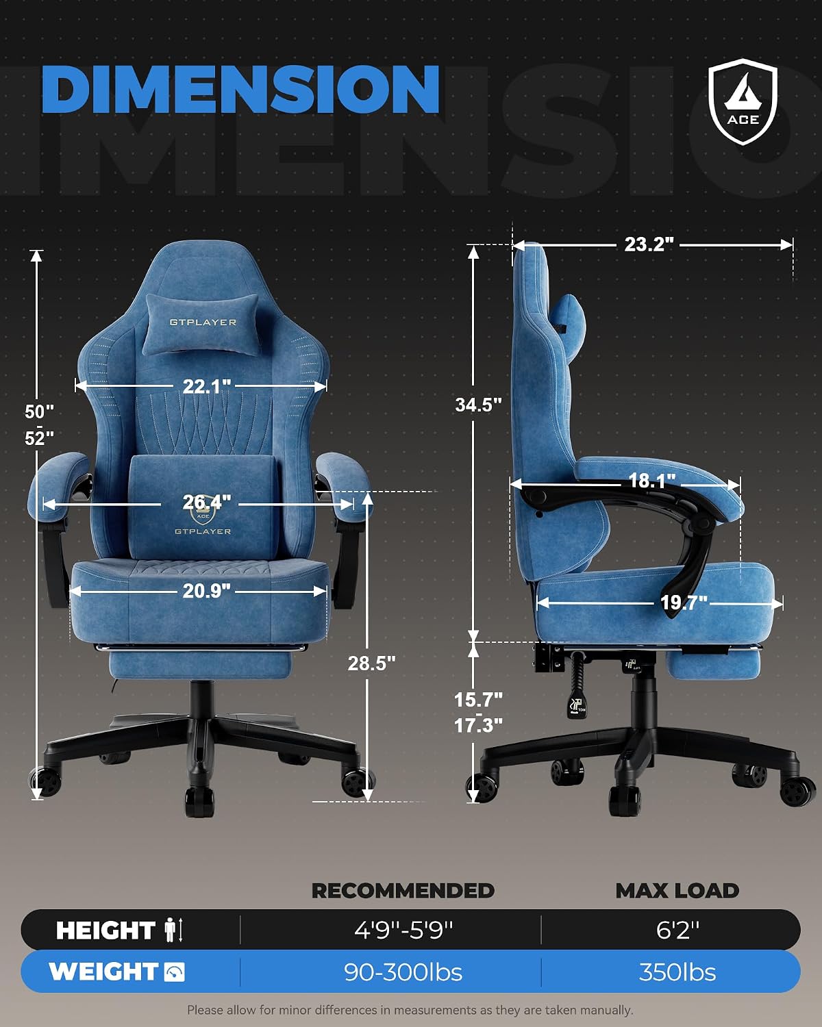 GTPLAYER Big and Tall Gaming Chair with Footrest, Extra Wide Seat Video Game Chairs for Adults - Padded High Back Ergonomic Reclining Silla Gamer, Linkage Armrest, Ace Pro, Blue【Velvet】 (Oversized)