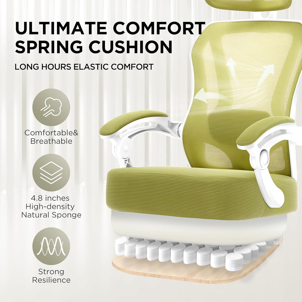 Ergonomic Office Chair with Footrest,Ultra Thick Reclining Office Desk Chair with Adjustable 2D Lumbar Support and Headrest,Spring Cushion,High Back Premium Mesh Computer Chair Office Chairs,Green