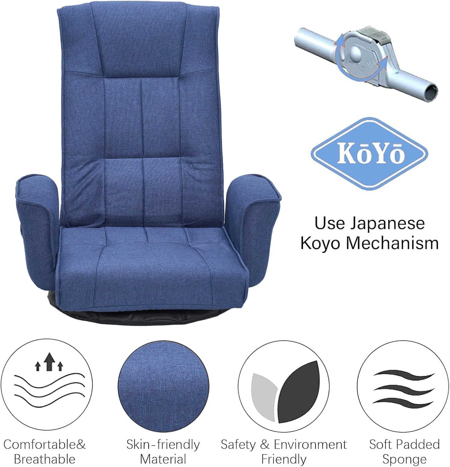 360 Swivel Gaming Chair 14-Position Adjustable Folding Floor Sofa with Armrests Lounger Bed for Home & Living Room Chaise Lounge Indoor for Adults (Blue-1)
