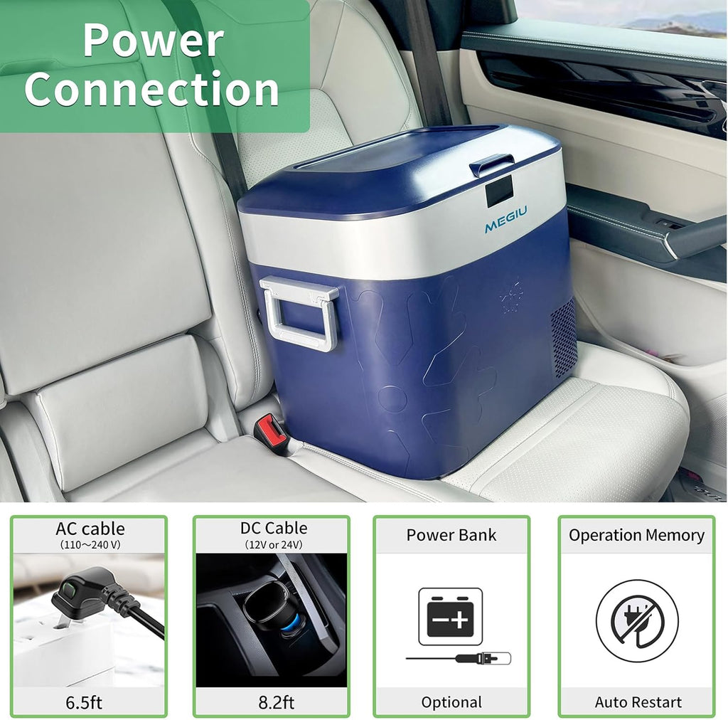 Megiu Car Refrigerator Portable Car Fridge 12V Refrigerator 23 Quart (22 Liter) Freezer Compressor Cooler 12V/24V DC 110～240 V AC for Outdoor Camping Travel Home Use -18℃~+15℃ (Blue)