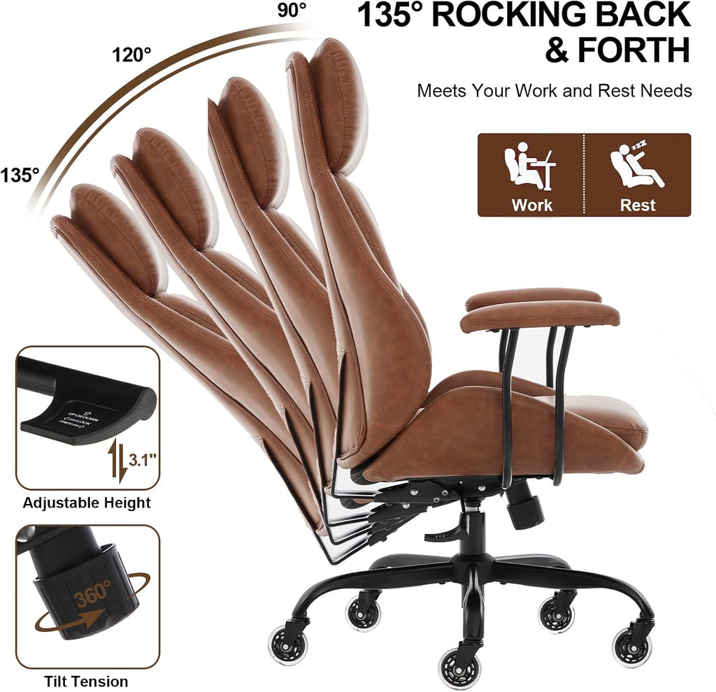 E-Motie Office Chair, Leather Desk Chair with Rubber Wheels, Ergonomic Computer Chair 500 LBS with Lumbar Support, High Back Executive Chair for Modern Home Office, Brown