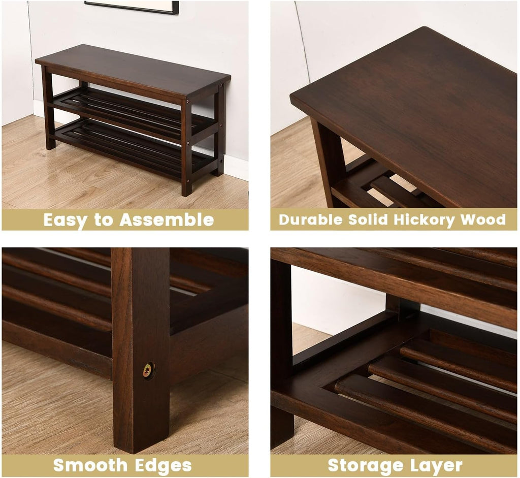 CONSDAN Wood Shoe Bench Rack, USA Grown Hickory, Entryway Bench with Shoe Storage, Mud Room Bathroom, Front Door, Outdoor/Indoor, Dark Walnut(Black)