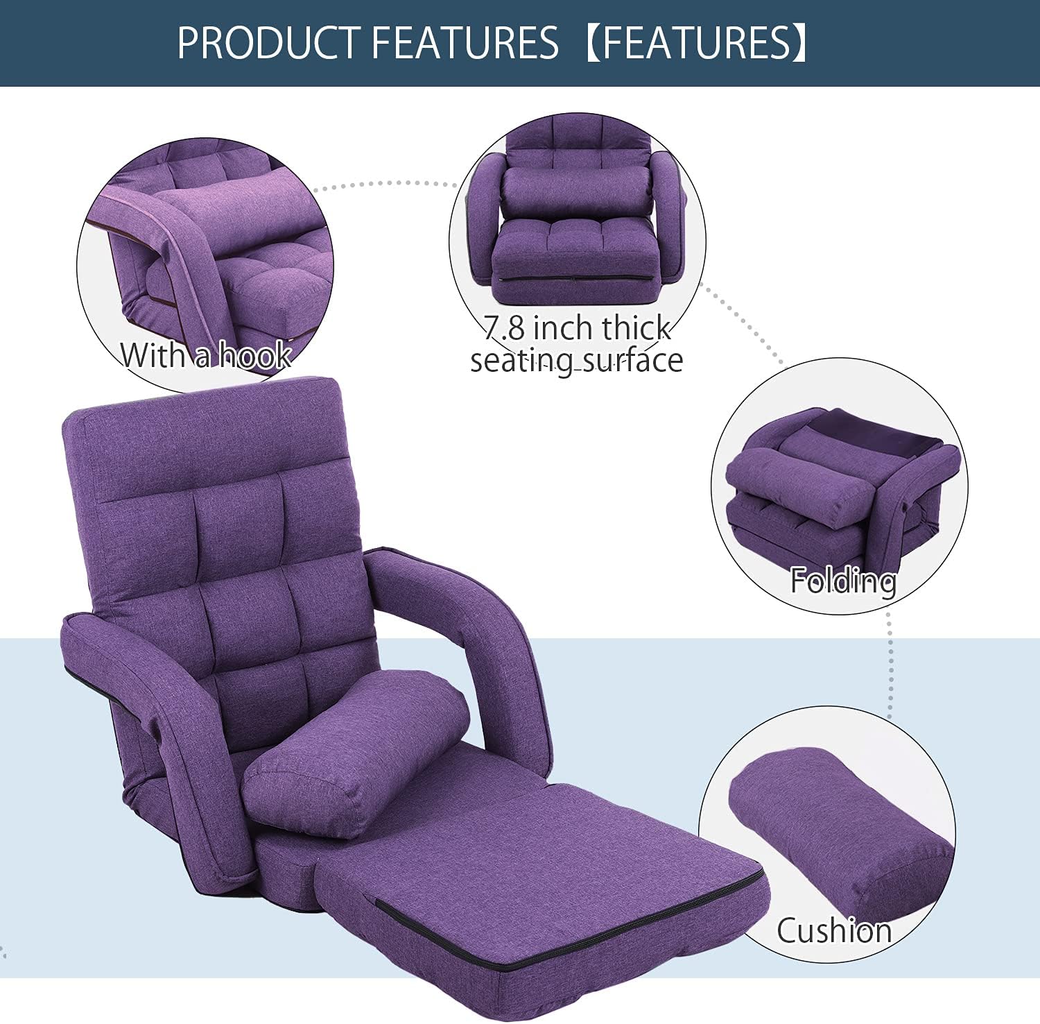 Floor Chair, Chaise Lounge Indoor, 14-Position Adjustable Folding Lazy Sofa with Armrests and a Pillow Padded Gaming Chairs for Living Room, Bedroom Factory Price (Purple) 8803PU