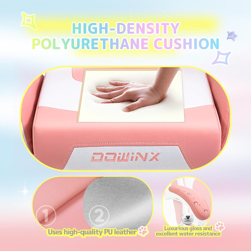 Dowinx 5TE5 Gaming Chair Cute with Cat Ears and Massage Lumbar Support, Ergonomic Computer Chair Footrest and Headrest, Comfortable Reclining Game Chair 290lbs for Adult, Teen, Pink