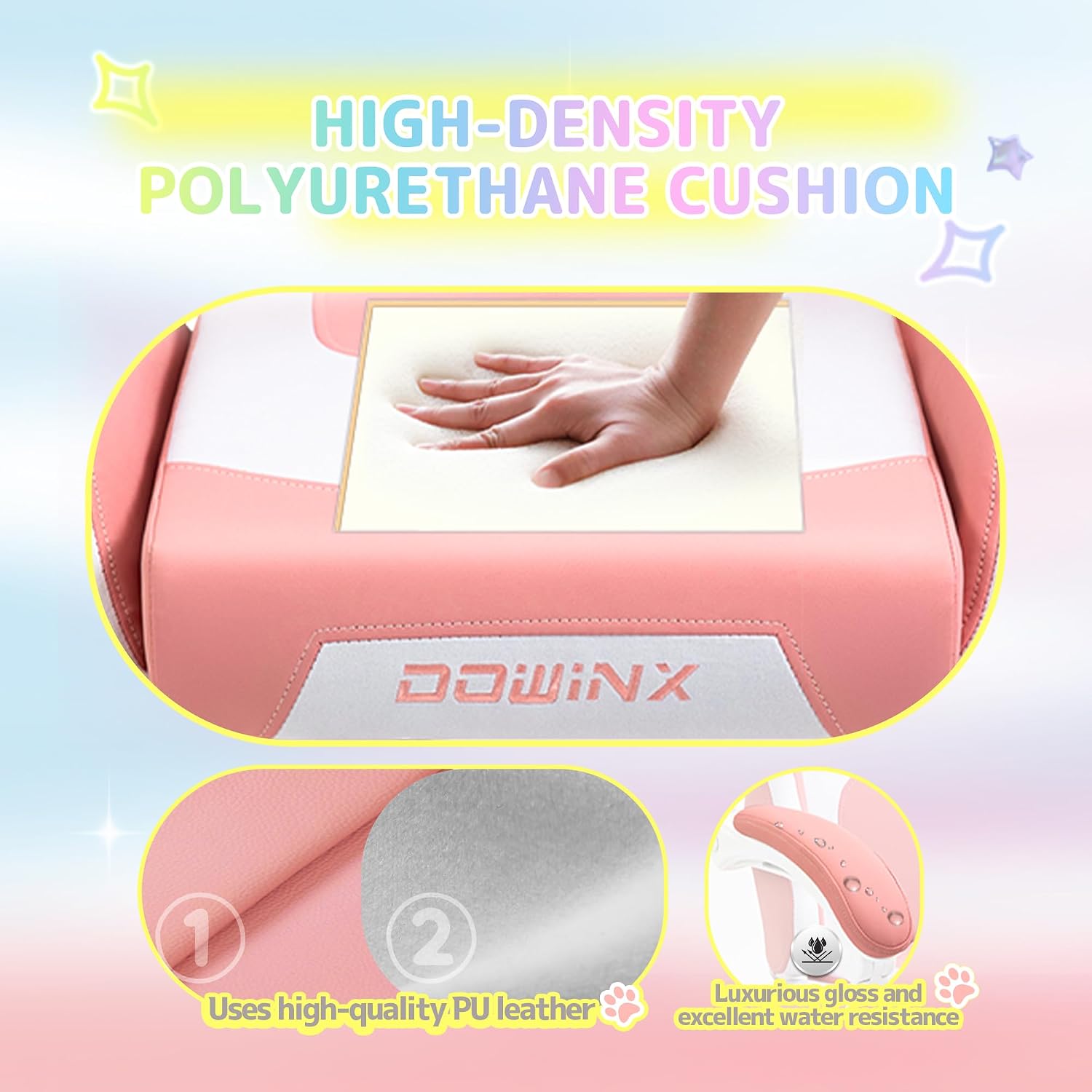 Dowinx 5TE5 Gaming Chair Cute with Cat Ears and Massage Lumbar Support, Ergonomic Computer Chair Footrest and Headrest, Comfortable Reclining Game Chair 290lbs for Adult, Teen, Pink