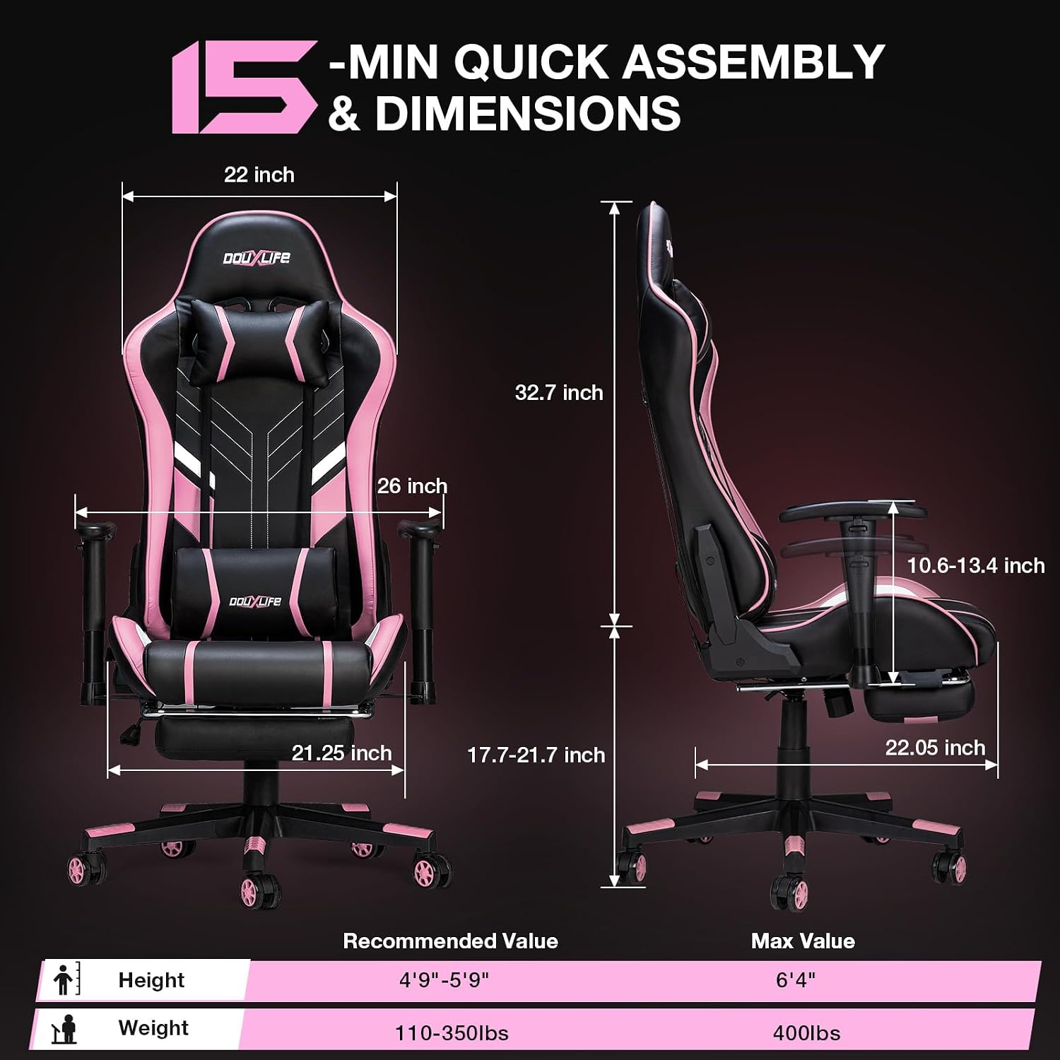 Douxlife 7-Point Massage Gaming Chair with Footrest, 400lbs Heavy Duty Ergonomic Computer Chair, 175° Reclining High Back Racing Seat for Adults with Adjustable Armrests & Lumbar Support, Black Pink