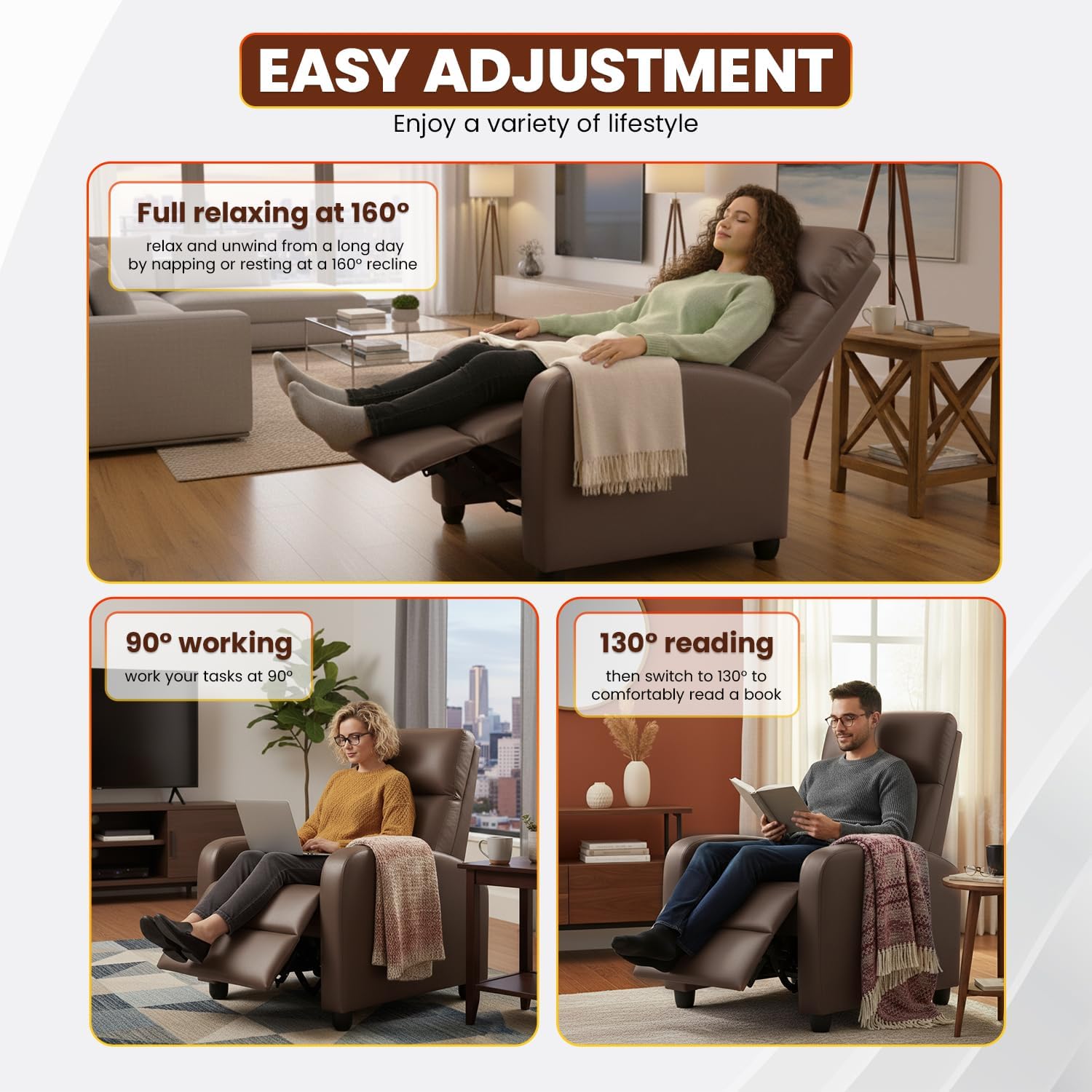 BestMassage | Recliner Chair | No Massage Function | Pu Brown | with Lumbar Support, Adjustable Push Back, Wide Armrests, Footrest & Padded Seat | Easy Assembly | for Living Room, Home Theatre