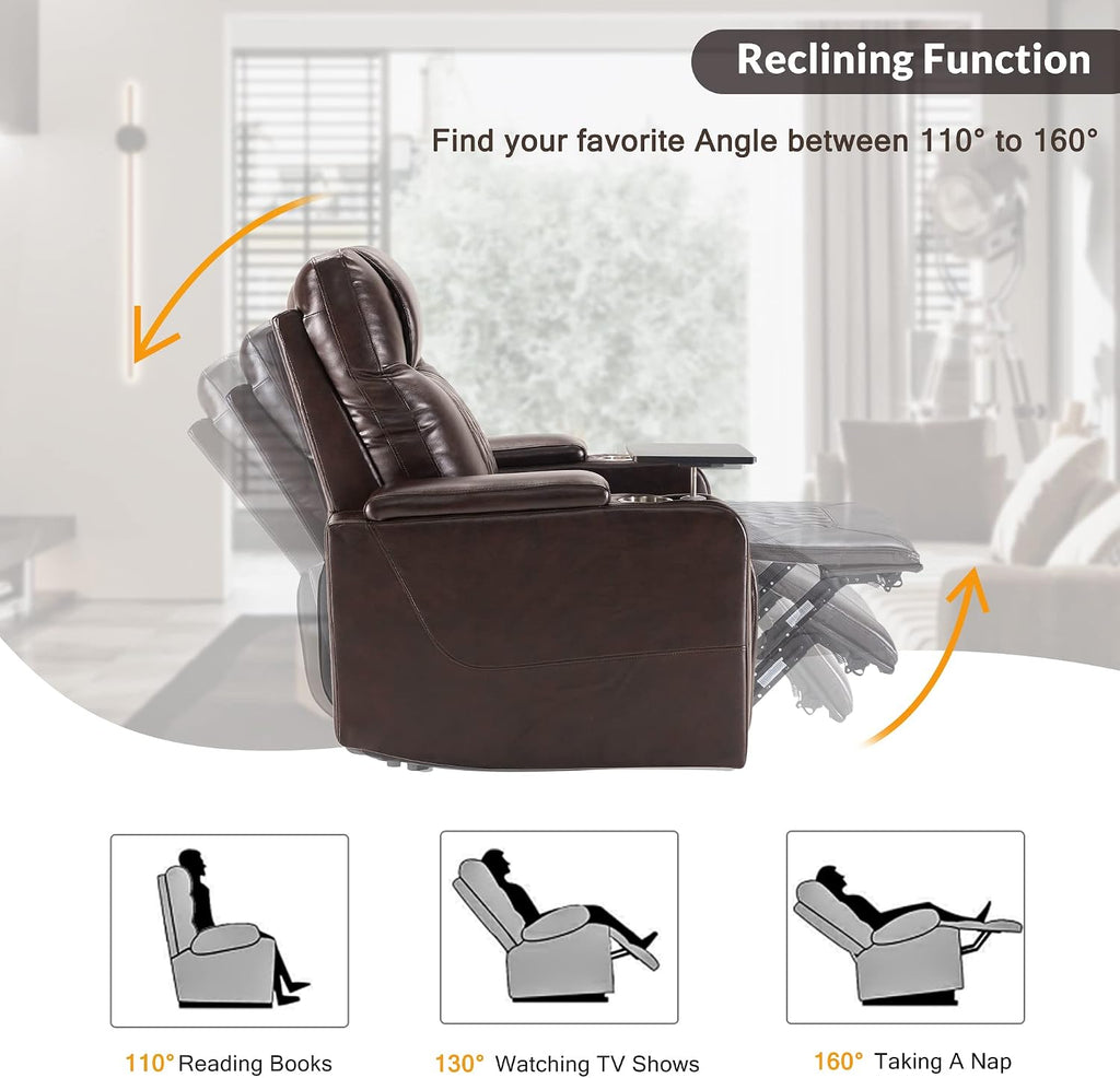 Merax Electric Recliner Chair with USB Charge Port, 360 Swivel Tray Table, Hand in-Arm Storage, and Cup Holders, Ambient Lighting - Ambient Lighting Gaming Recliner Chair Home Theater Seating (Brown)