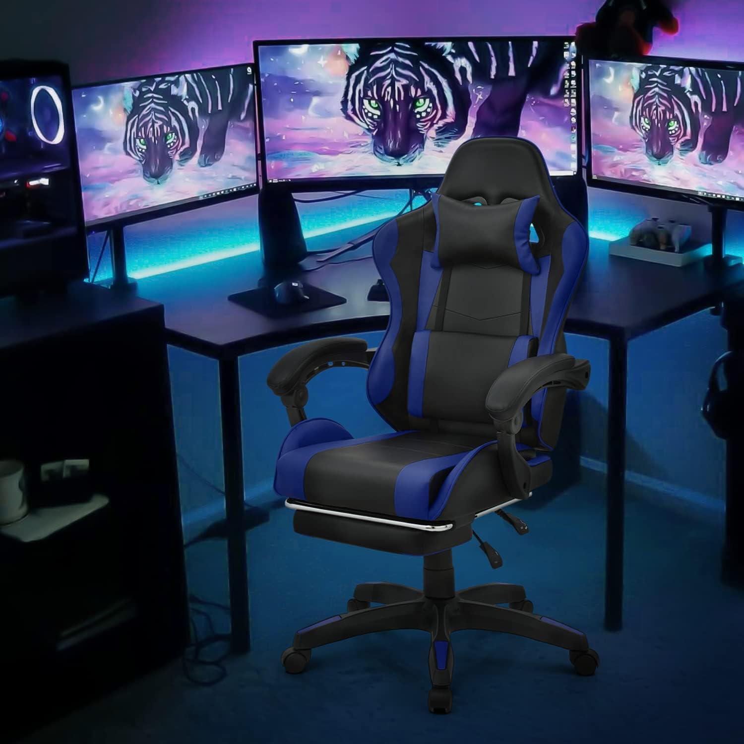 MoNiBloom Gaming Chair with Headrest & Lumbar Support Ergonomic Computer Racing Chair with Footrest, Adjustable Hight Leather Swivel Computer Chair for Adult Teen Office or Gaming, Blue
