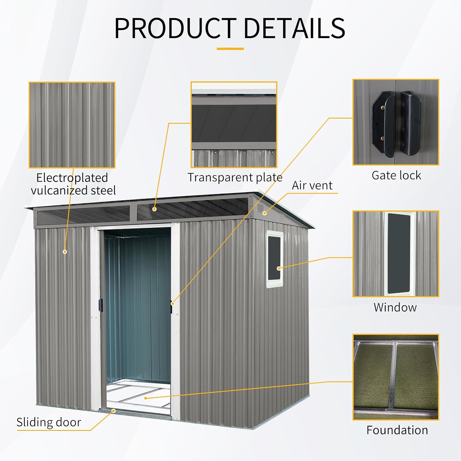JT 8X6FT Outdoor Storage Shed, Galvanized Metal Garden Shed with Window and Metal Foundation, Tool Storage Shed for Patio Lawn Backyard (Gray-with The window-8ftx6ft)