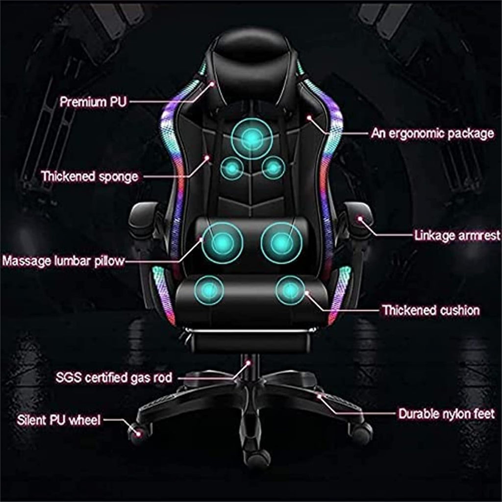 Gaming Chair with Bluetooth Speakers, Video Game Chairs with LED Light, Full Massage Lumbar Support and Backrest Adjustable Ergonomic Pro Computer Chair with Retractible Footrest,Black