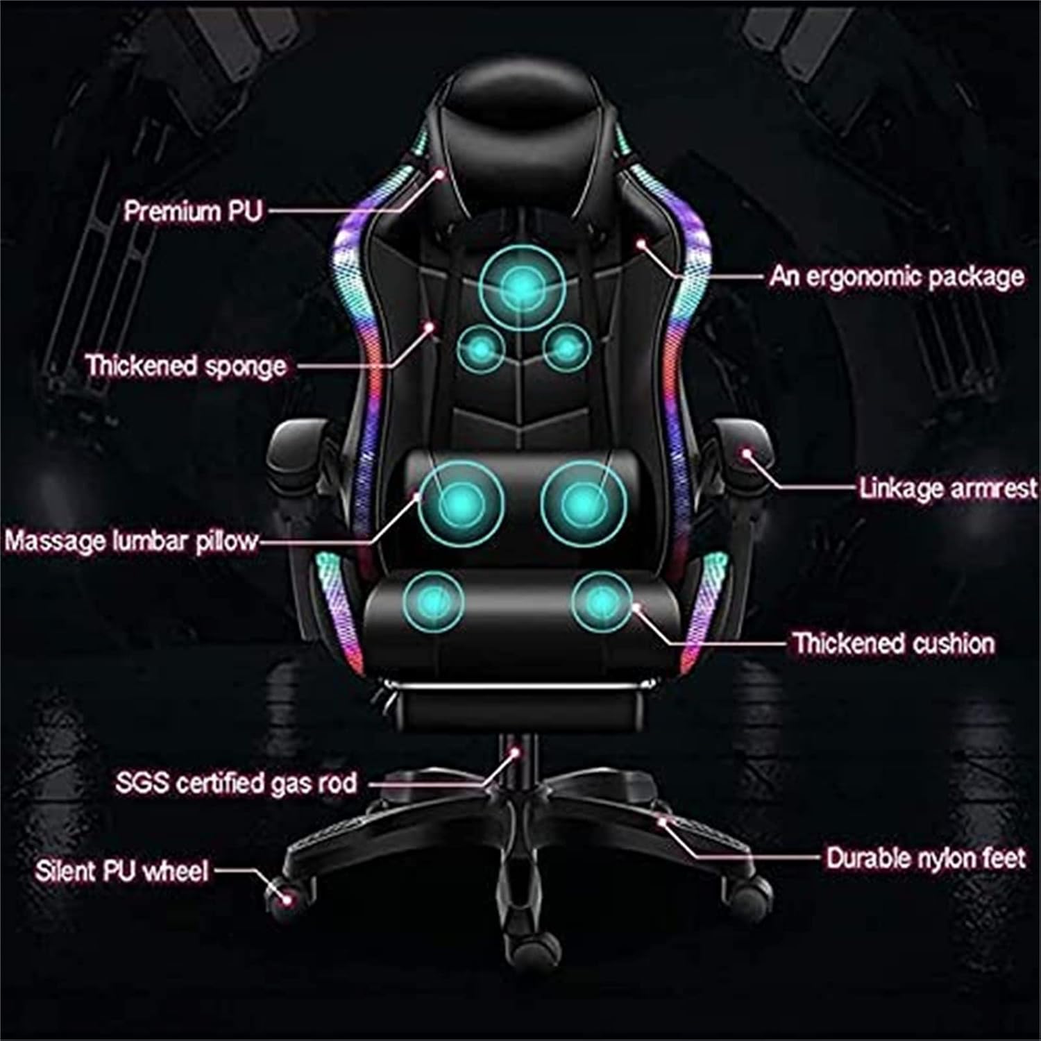 Video Gaming Chairs with LED Light, Ergonomic Gaming Chair with Massage Lumbar Support and Bluetooth Speakers, Computer Chair with Retractible Footrest and Backrest Adjustable,Red