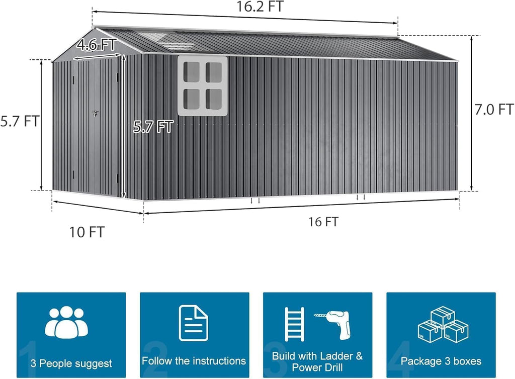 Restland 10x16 FT Metal Storage Shed Reinforced Frame Outdoor Shed with Clear Roof, Air Vent & Lockable Door Large Garden Storage Sheds for Backyard, Lawn, Patio