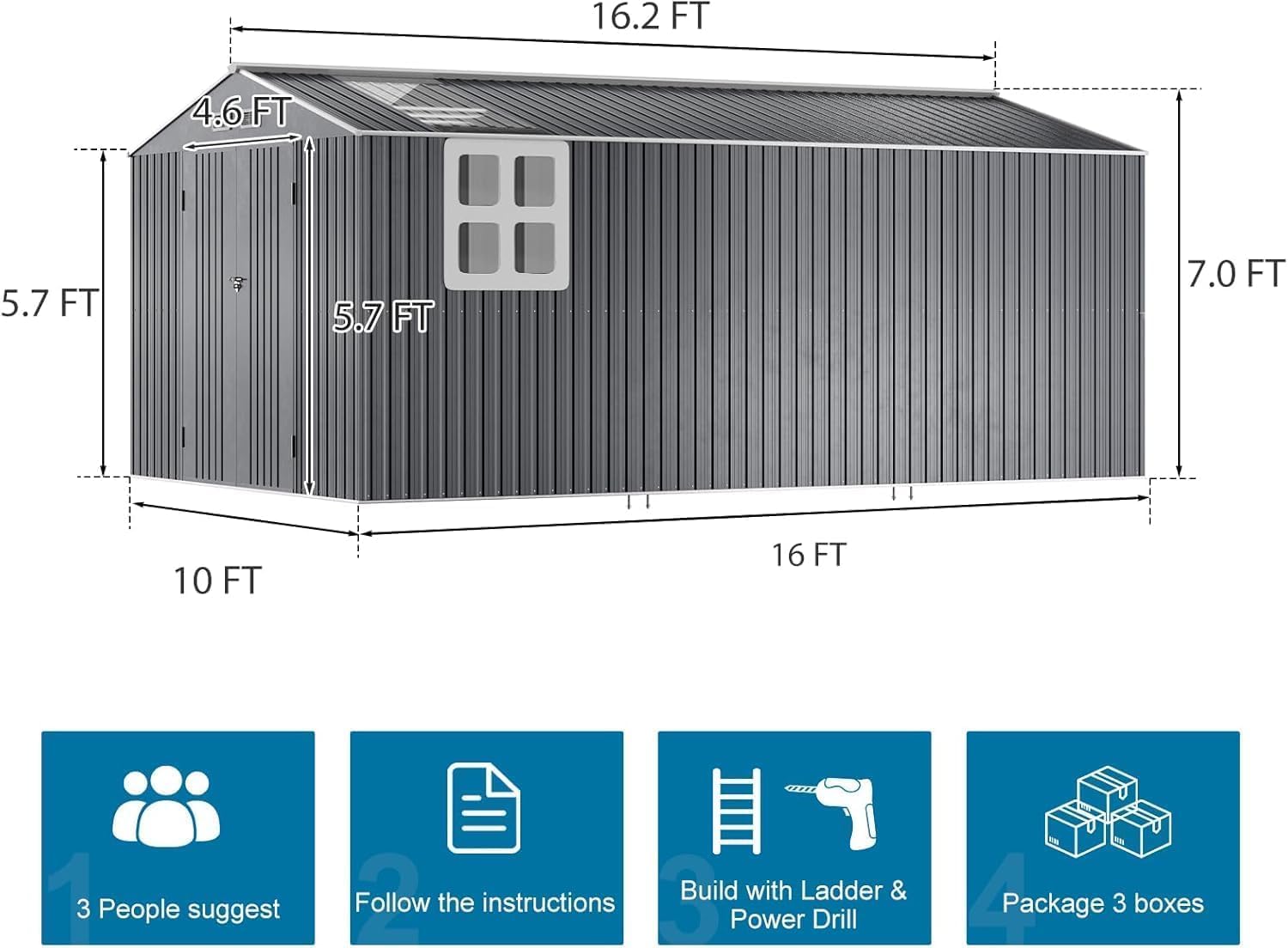 Restland 10x16 FT Metal Storage Shed Reinforced Frame Outdoor Shed with Clear Roof, Air Vent & Lockable Door Large Garden Storage Sheds for Backyard, Lawn, Patio