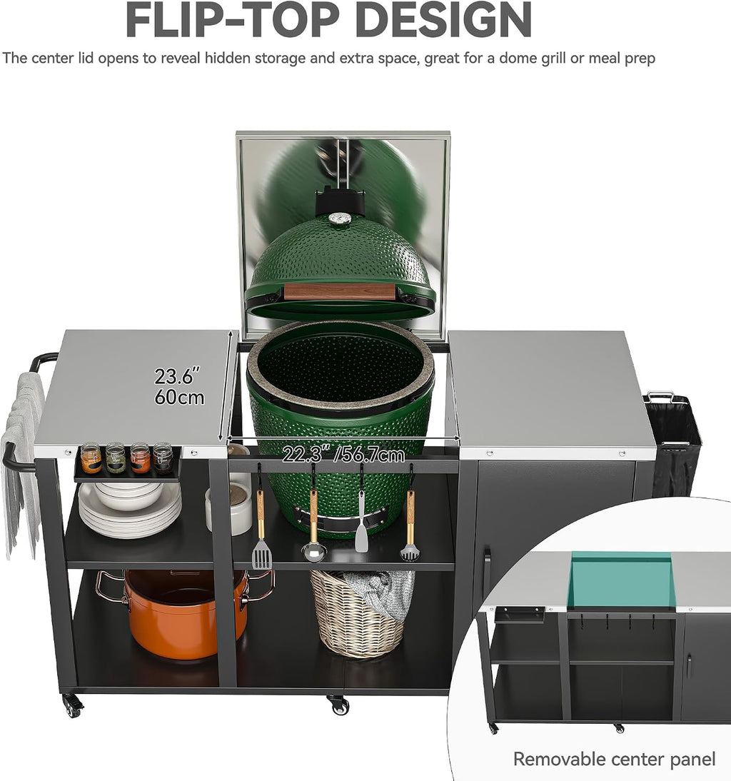 YITAHOME Big Green Egg Grill Table with Removable Stainless Steel Tabletop, Outdoor Kitchen Island with Spice Rack, Paper Towel Holder, and Trash Bag Holder, BBQ Prep Table for Parties