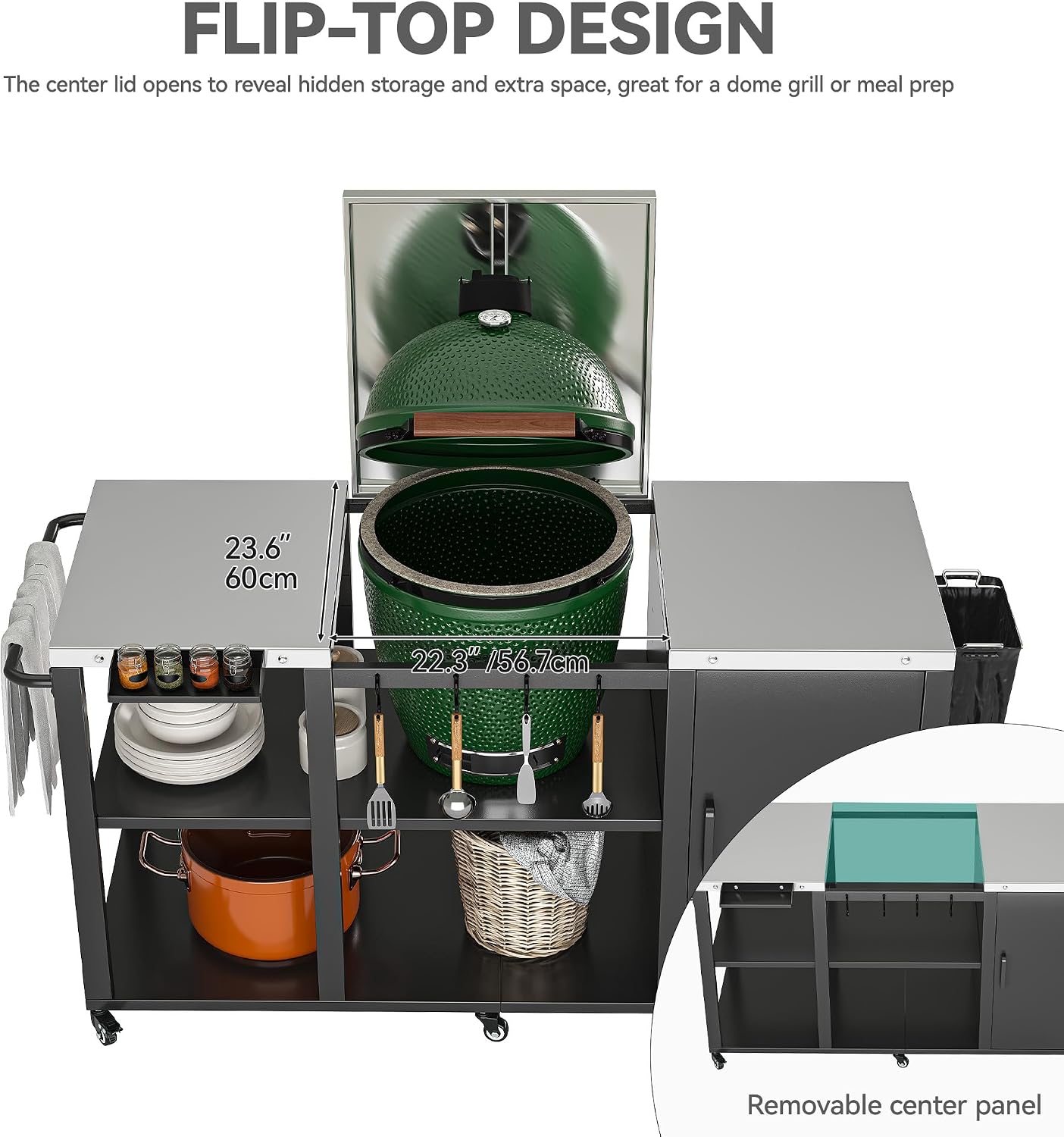 YITAHOME Big Green Egg Grill Table with Removable Stainless Steel Tabletop, Outdoor Kitchen Island with Spice Rack, Paper Towel Holder, and Trash Bag Holder, BBQ Prep Table for Parties