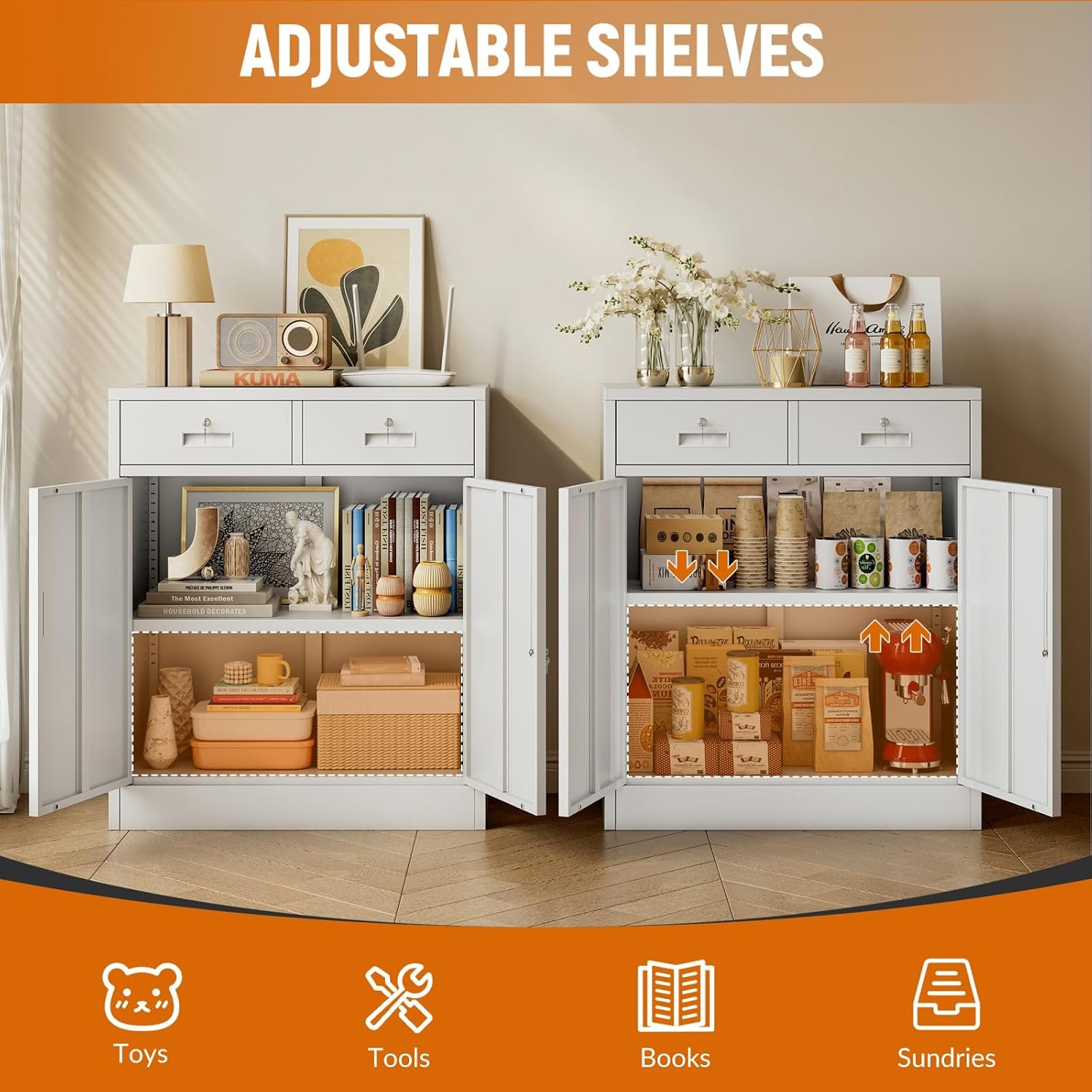 BESFUR Metal Garage Storage Cabinet with Two Lockable Drawers 2 Locking Doors and an Adjustable Shelf, 36' White Metal Short Storage Cabinet for Home Office, Garage,School,Utility Room